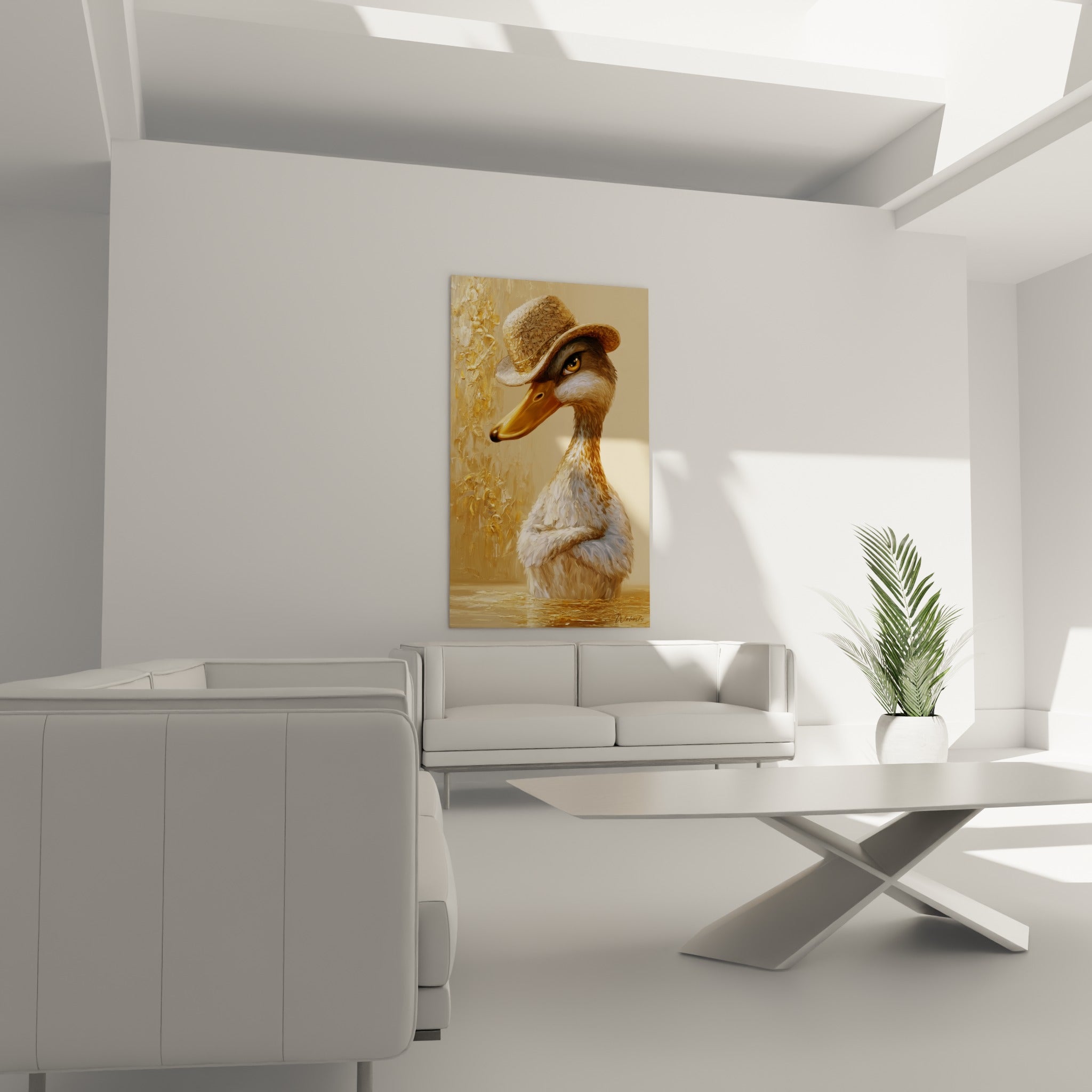 Canard beige au regard ambré et chapeau de paille, au-dessus d'un canapé dans un salon lumineux