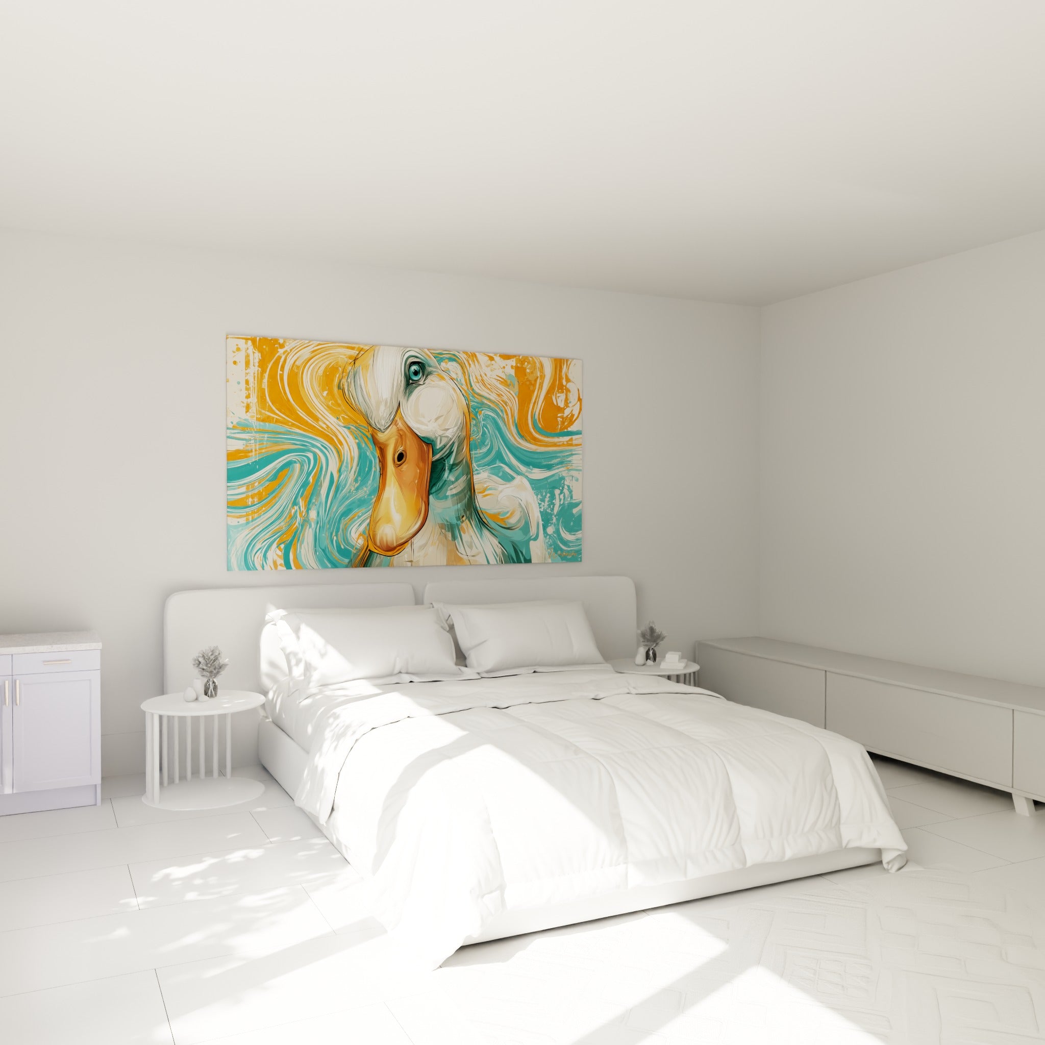 Canard aux couleurs turquoise et orangées accroché au-dessus d'un lit dans une chambre claire