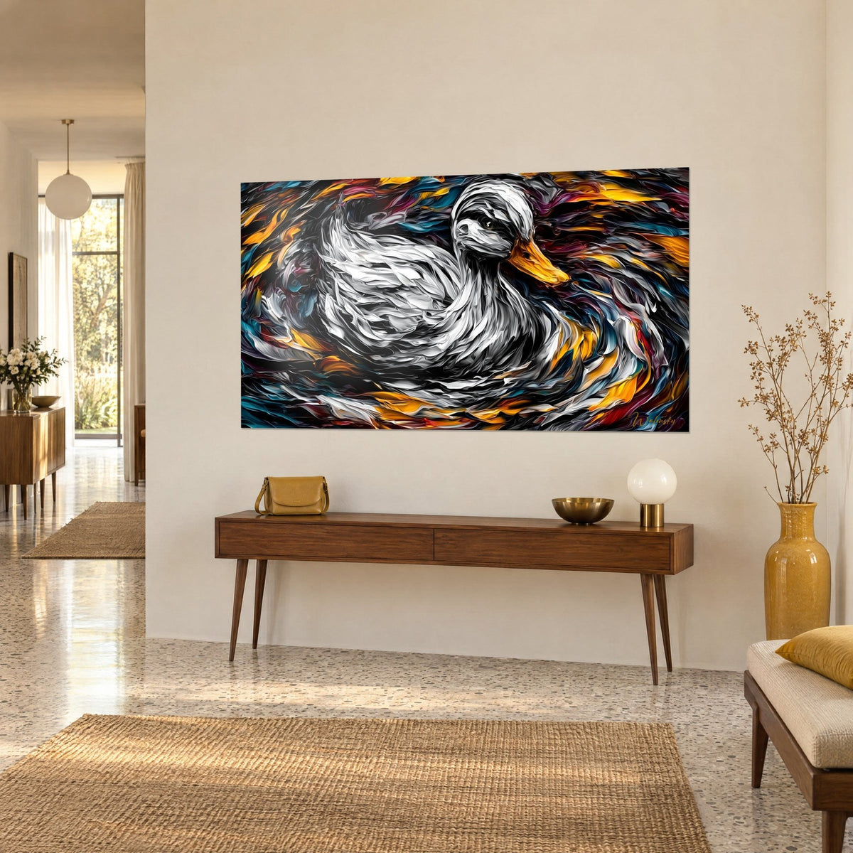 Tableau volatile argenté nageant dans des vagues bordeaux, bleu pétrole et jaune safran, sur console en bois et vase doré