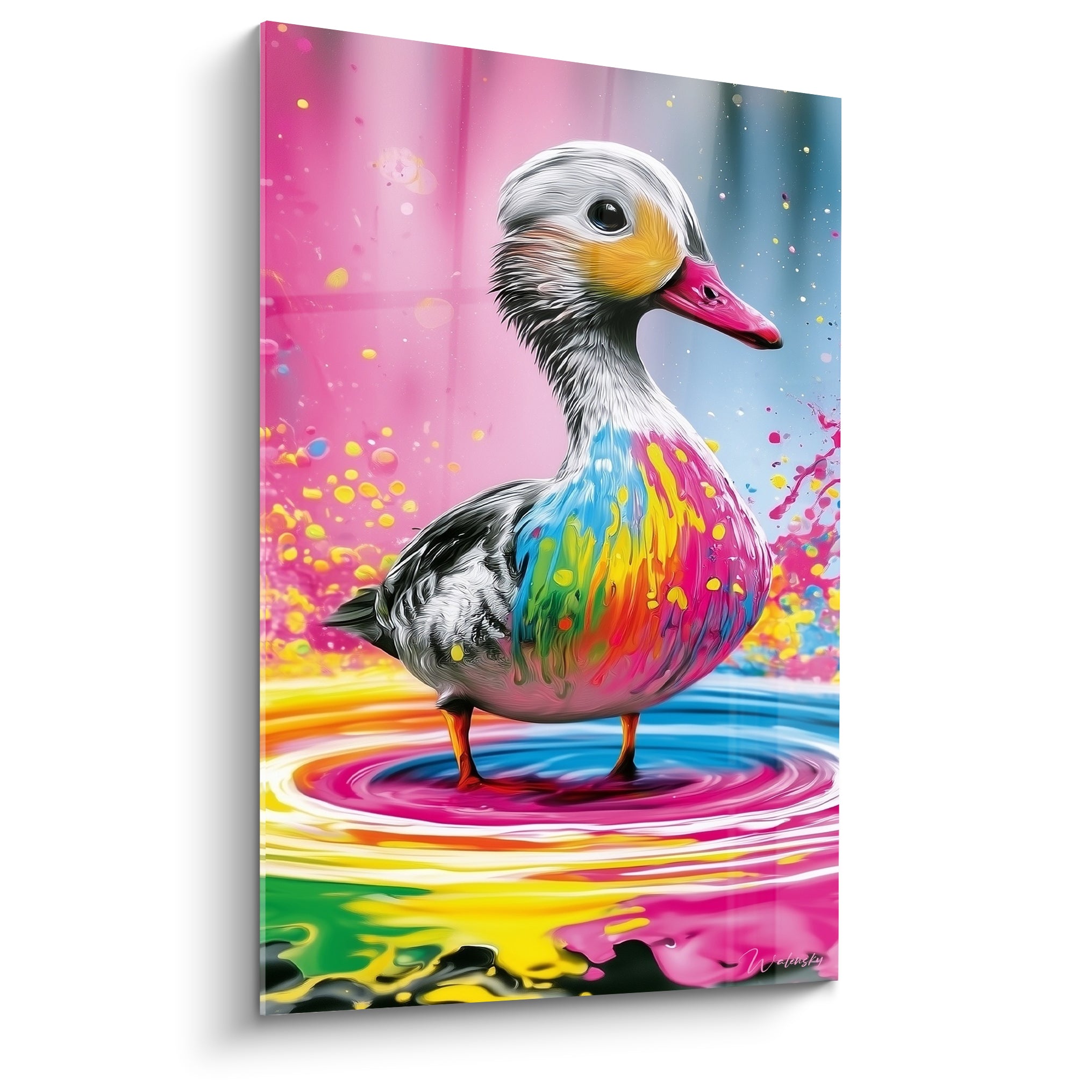 Canard blanc au bec rose vif, plumage éclaboussé de bleu, jaune et rose sur fond dégradé.