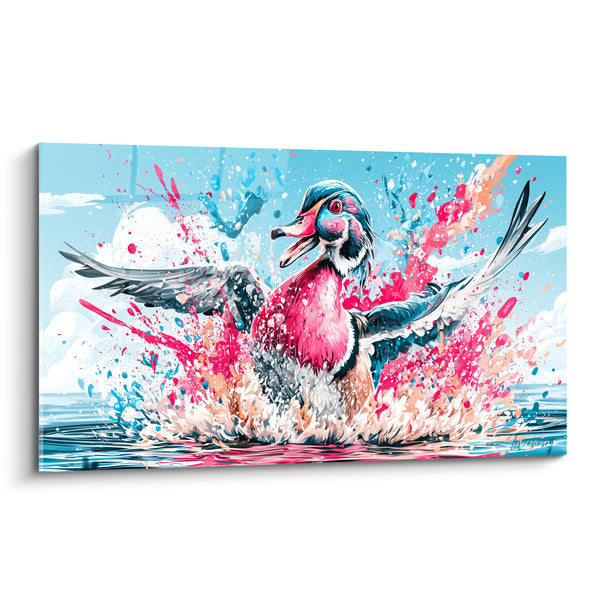 Leinwand Rosa und Blaue Ente mit Ausgebreiteten Flügeln - Spritzender Flug - Enten-Edition