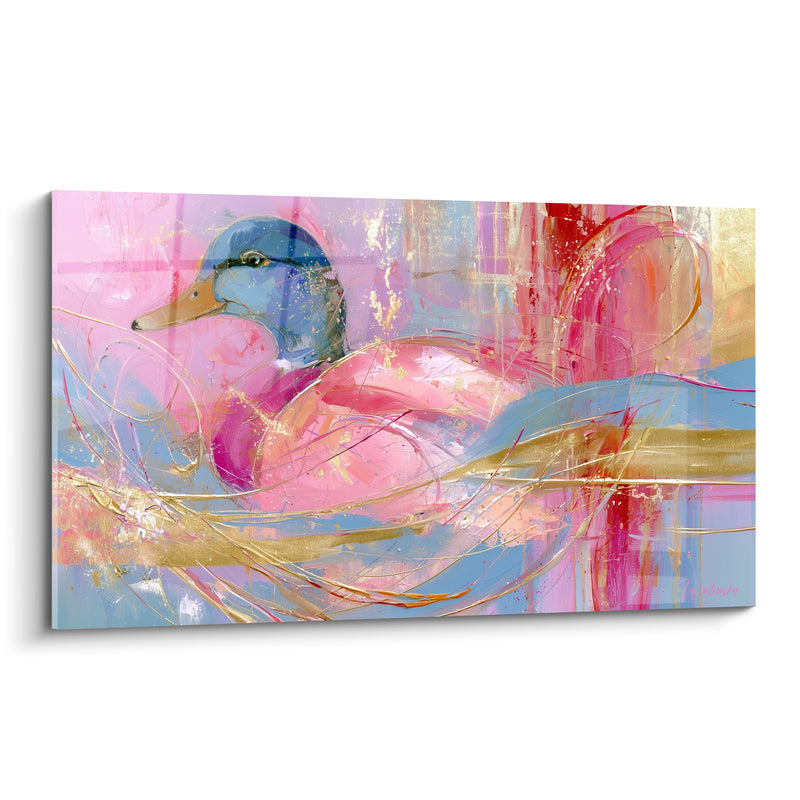 Tableau Canard rose et bleu aux traits dorés - Éveil sur l'eau - Edition Canard