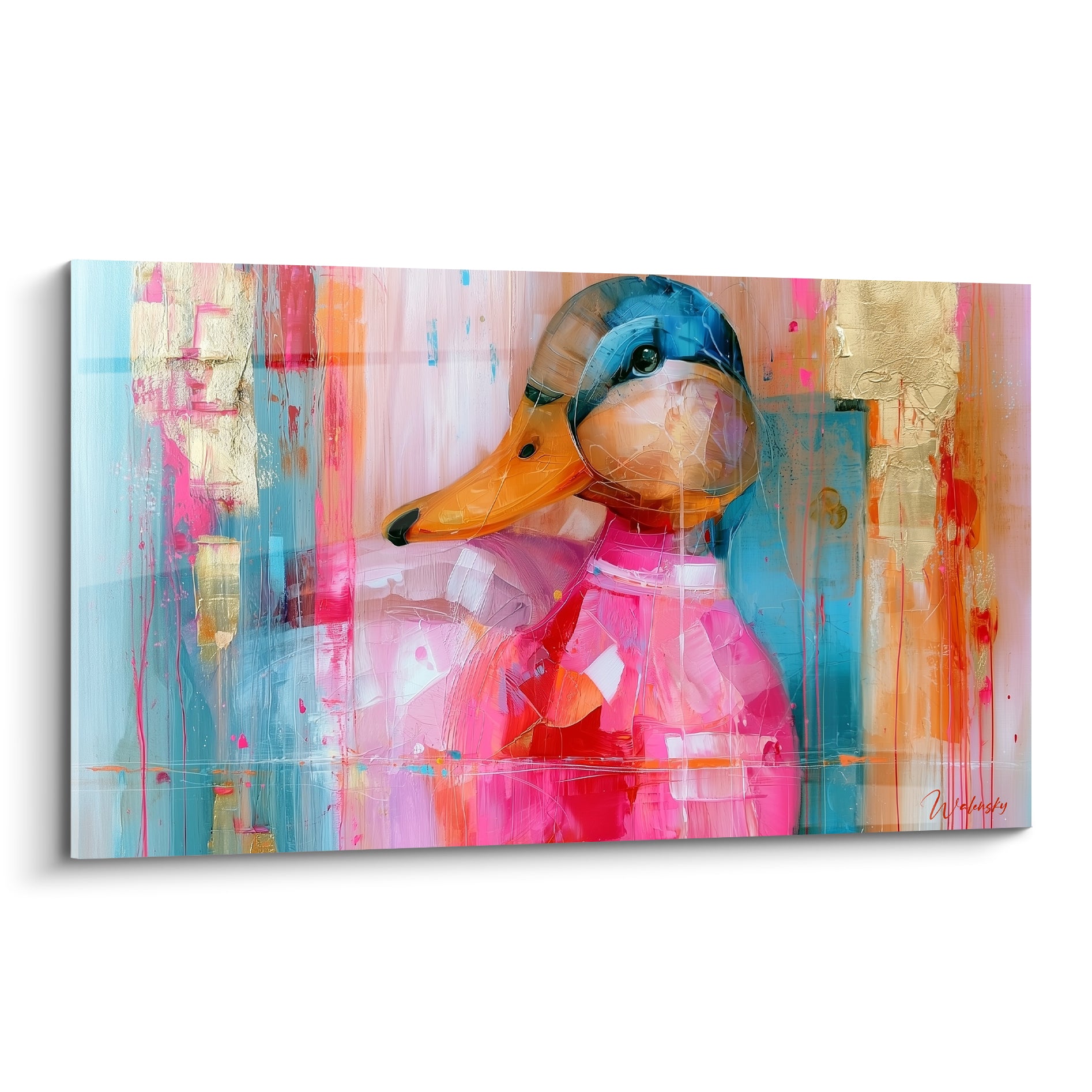 Canard au plumage rose vif et tête bleu pétrole peint avec empâtements dorés texturés