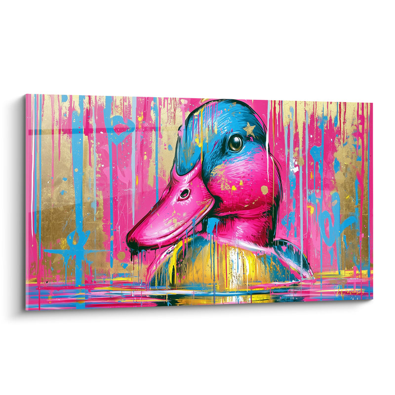 Tableau Canard rose et bleu à coulures dorées - Éclaboussure urbaine - Edition Canard