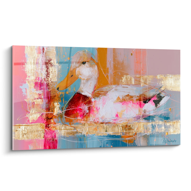 Tableau Canard blanc et rose bandes dorées verticales - Poitrail rouge vif - Edition Canard
