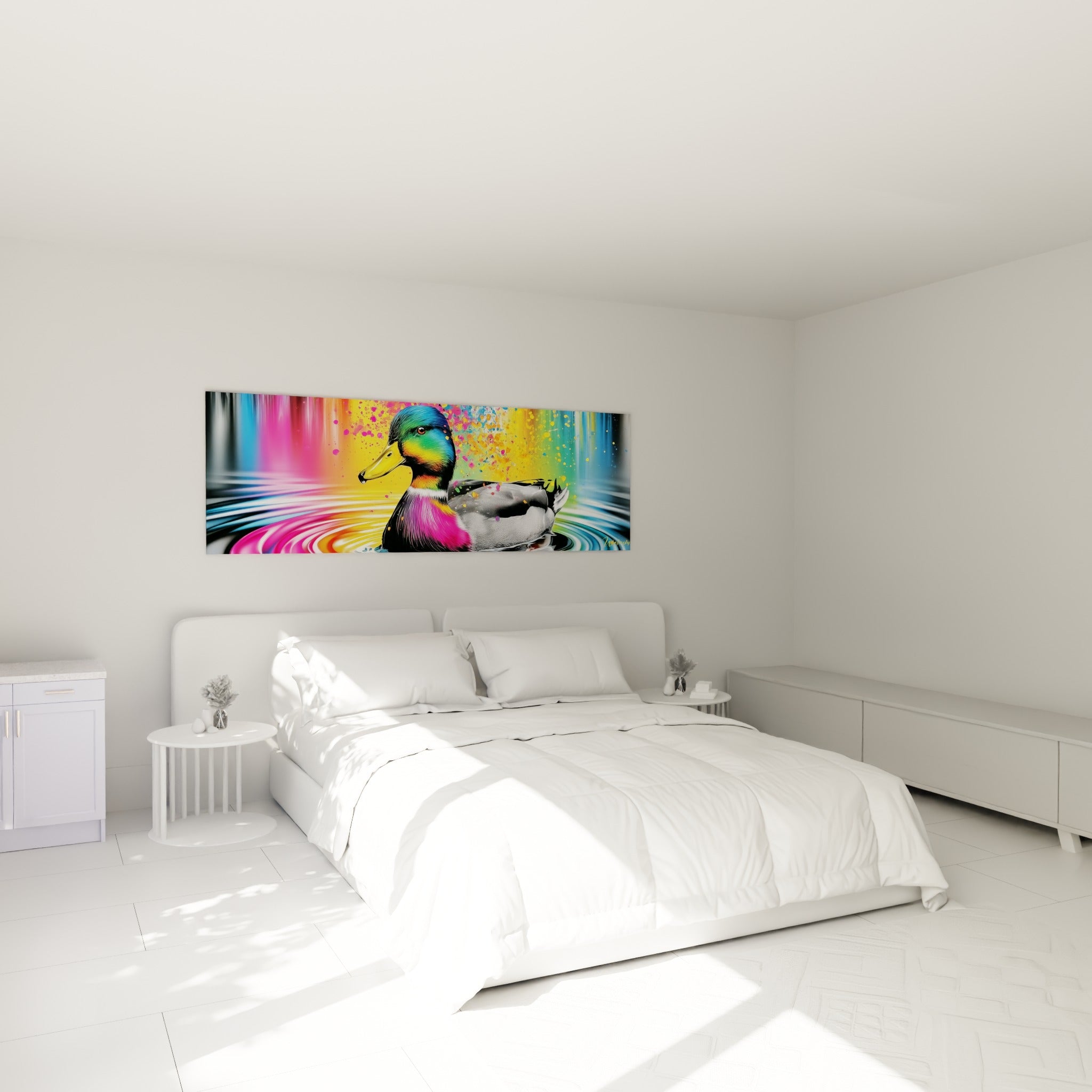 Volatile irisé bleu et rose accroché au-dessus d'un lit dans une chambre claire
