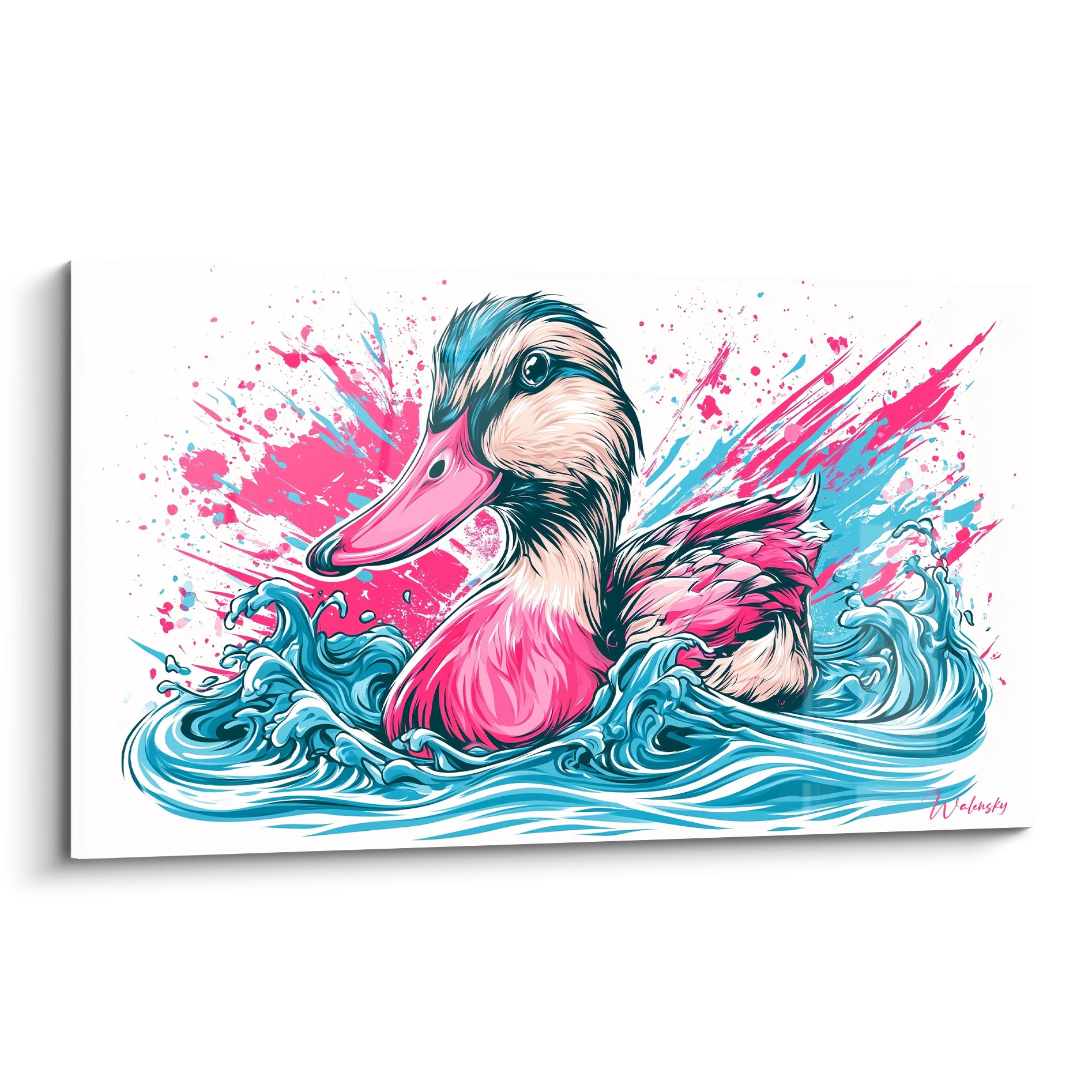 Canard rose fuchsia et bleu turquoise émergeant de vagues stylisées sur fond blanc éclaboussé