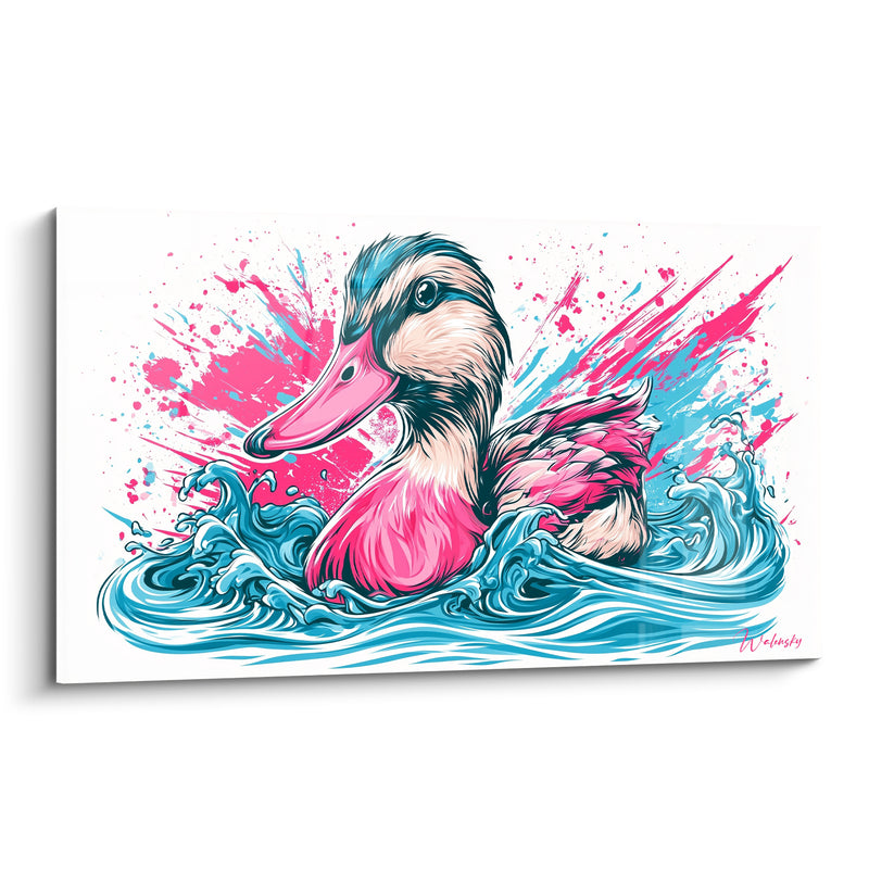 Tableau Rose fuchsia et bleu turquoise vagues stylisées - Éclaboussures graphiques sur fond blanc - Edition Canard