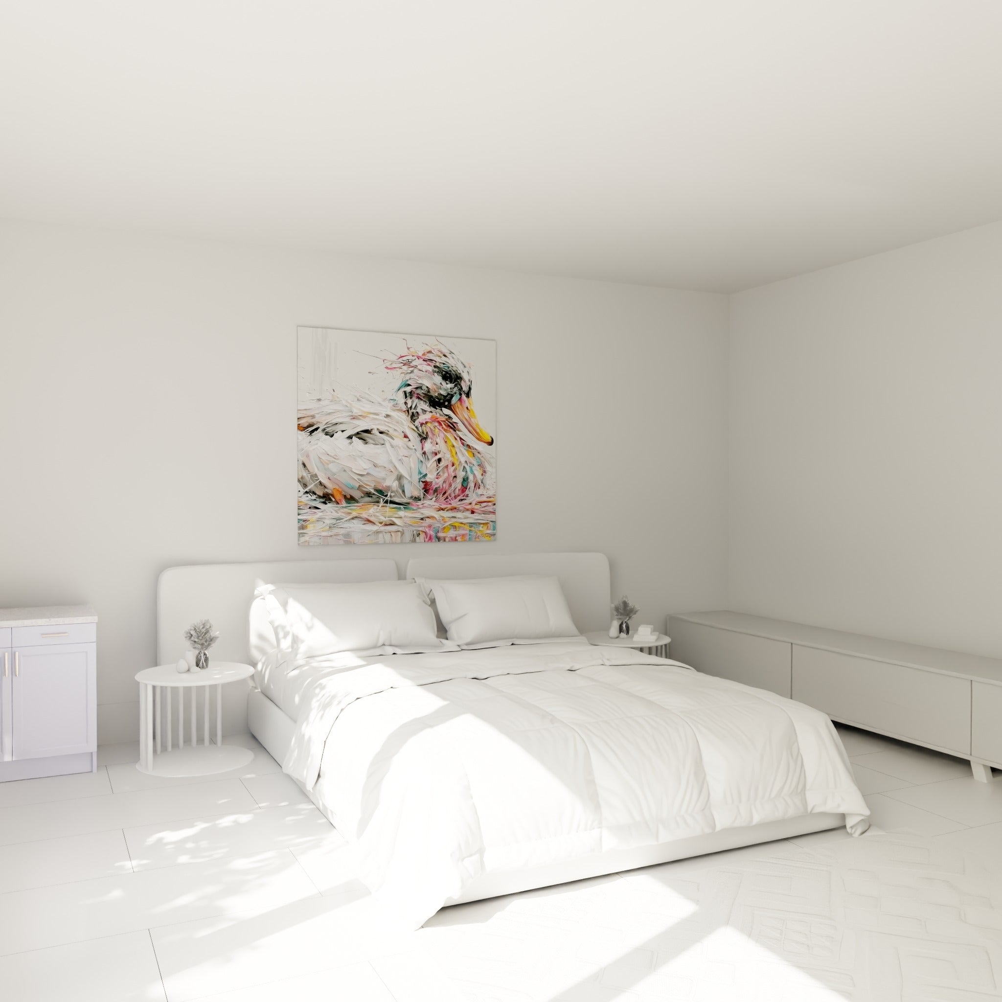 Canard aux teintes roses et dorées, plumage texturé en blanc, au-dessus d'un lit dans une chambre claire