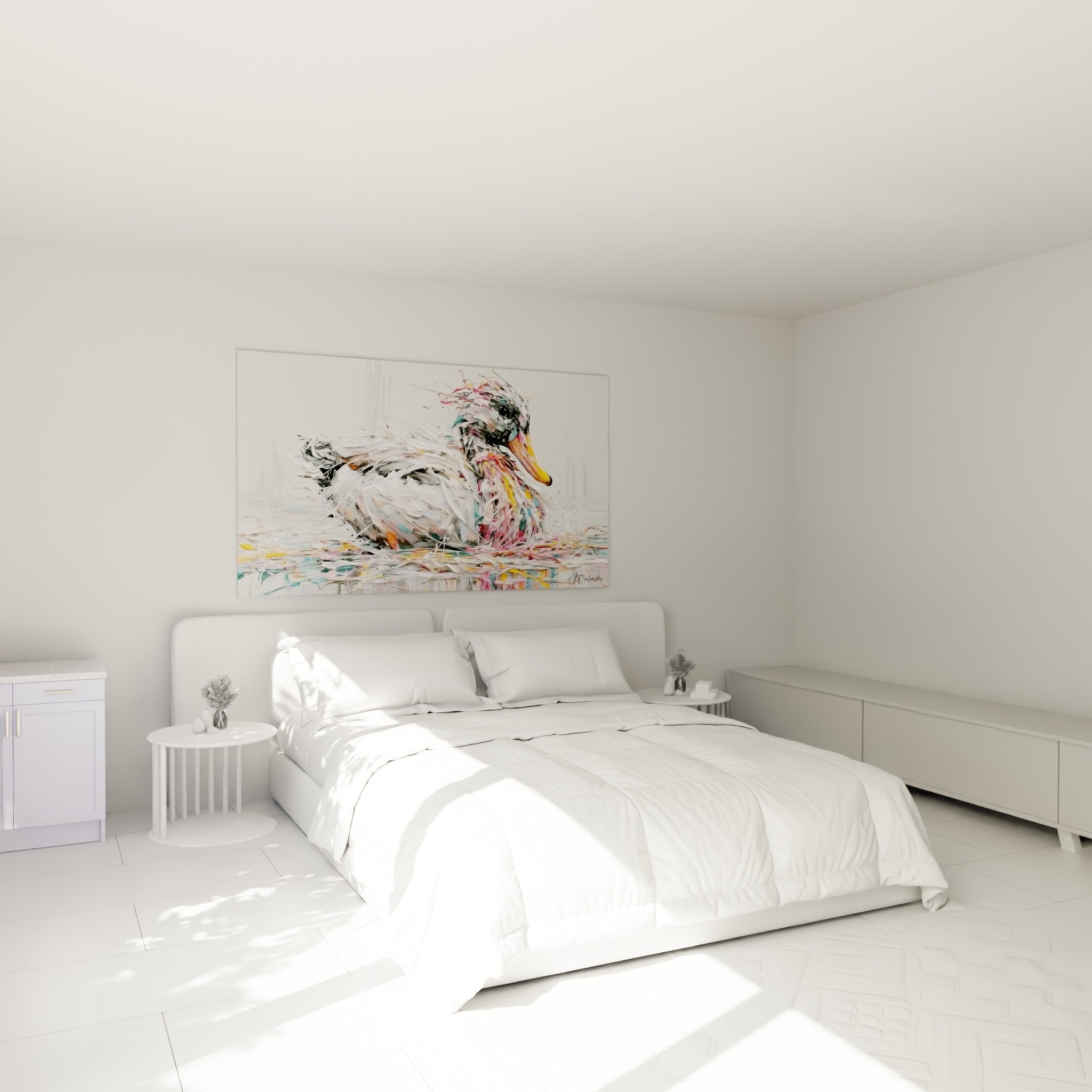 Silhouette de canard blanc et doré aux touches roses, accrochée au-dessus d'un lit dans une chambre claire