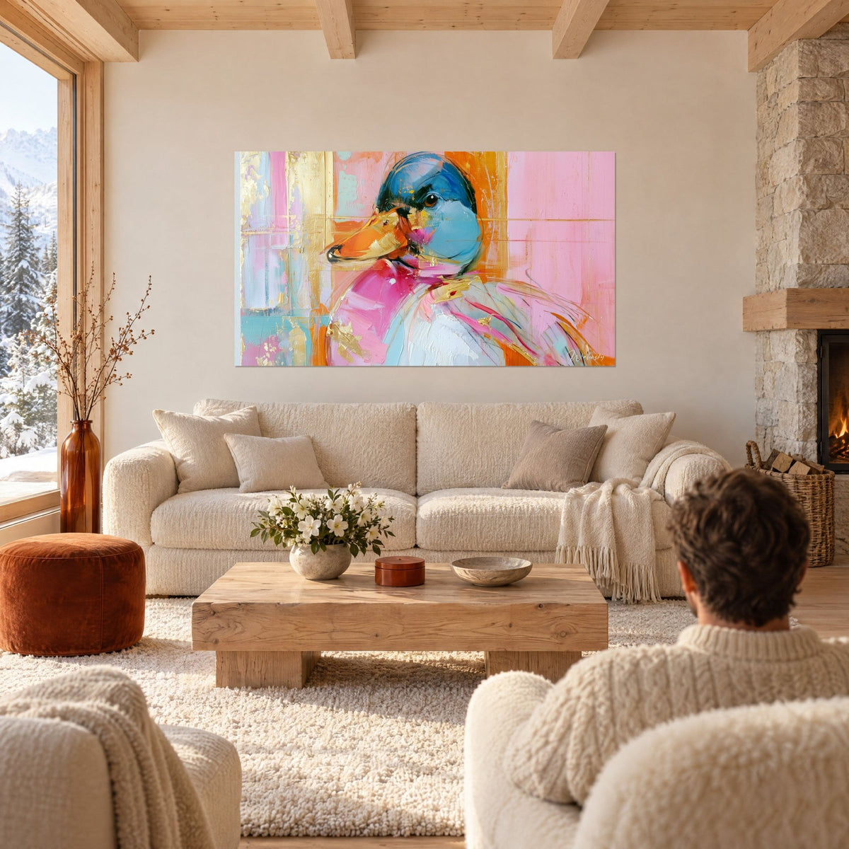 Quadro anatra con testa blu e petto rosa, tocchi d'oro su fondo arancio, sopra un divano in un soggiorno luminoso