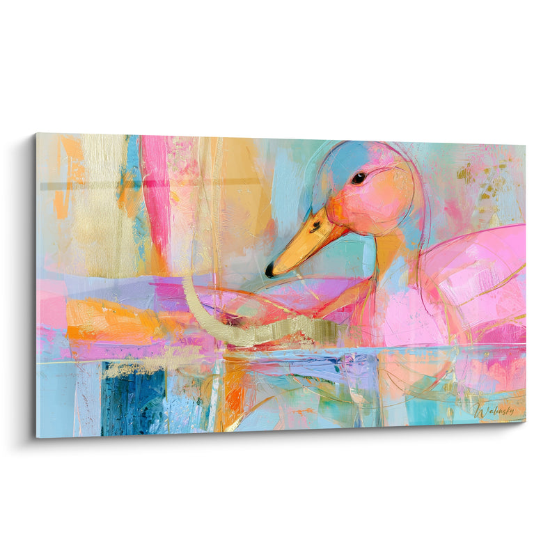 Tableau Canard rose et bleu aux touches dorées - Rêverie pastel - Edition Canard