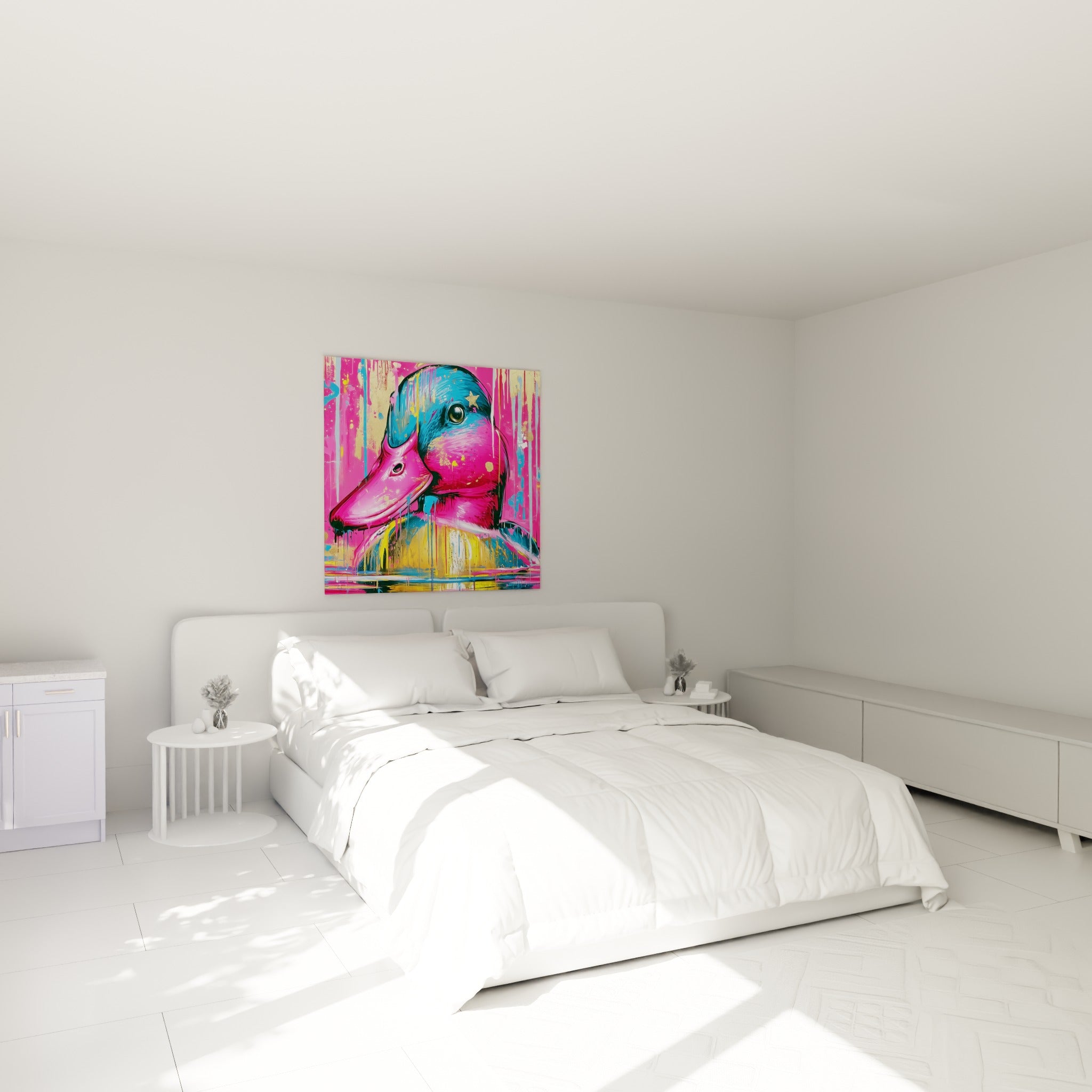 Portrait de canard fuchsia et bleu aux coulures dorées, au-dessus d'un lit dans une chambre claire