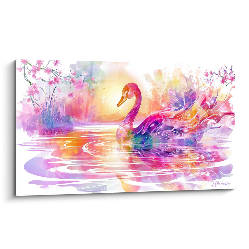 Tableau Cygne rose et violet sur étang fleuri - Éveil floral - Edition Canard