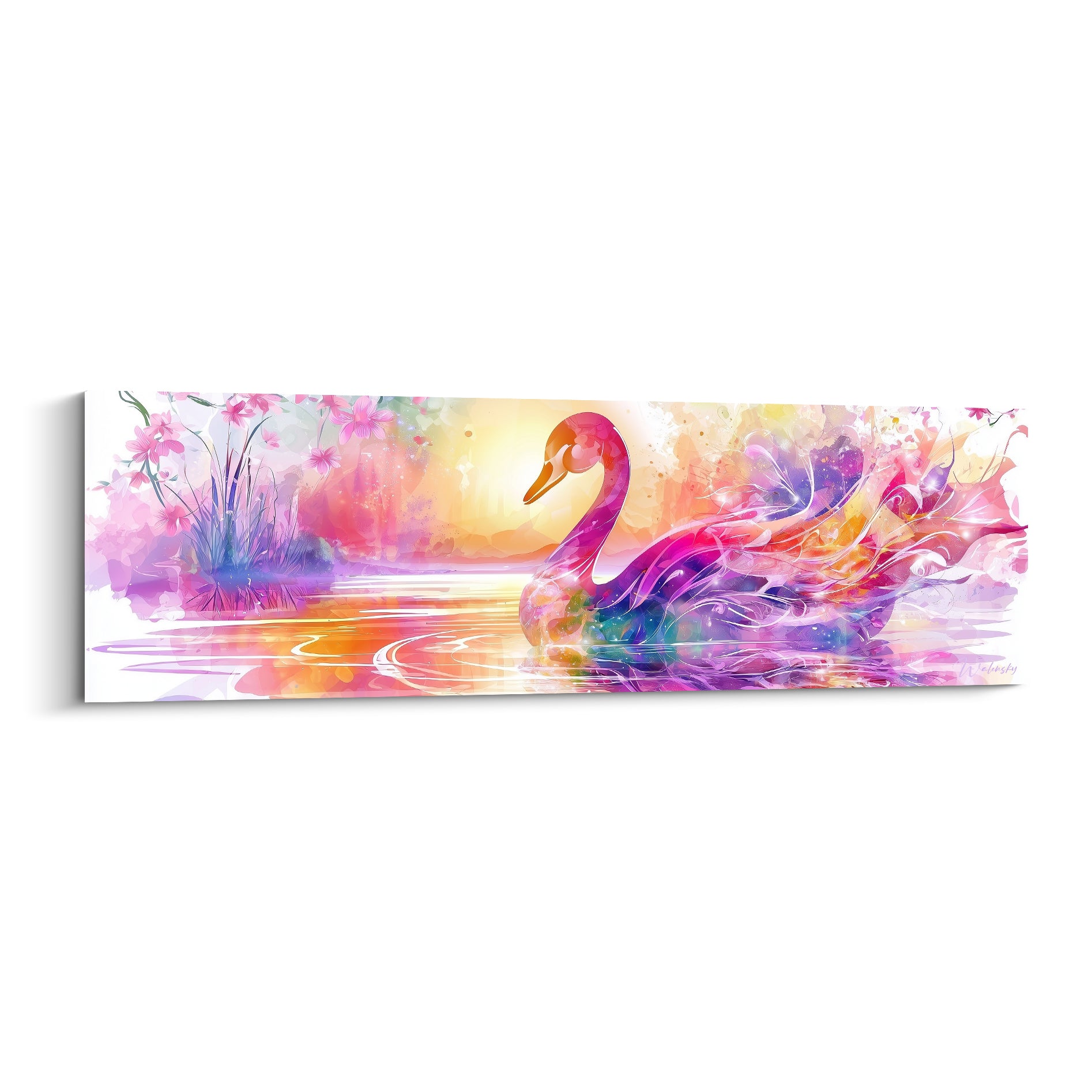 Cygne rose et violet glissant sur une eau dorée entourée de fleurs, style aquarelle lumineux