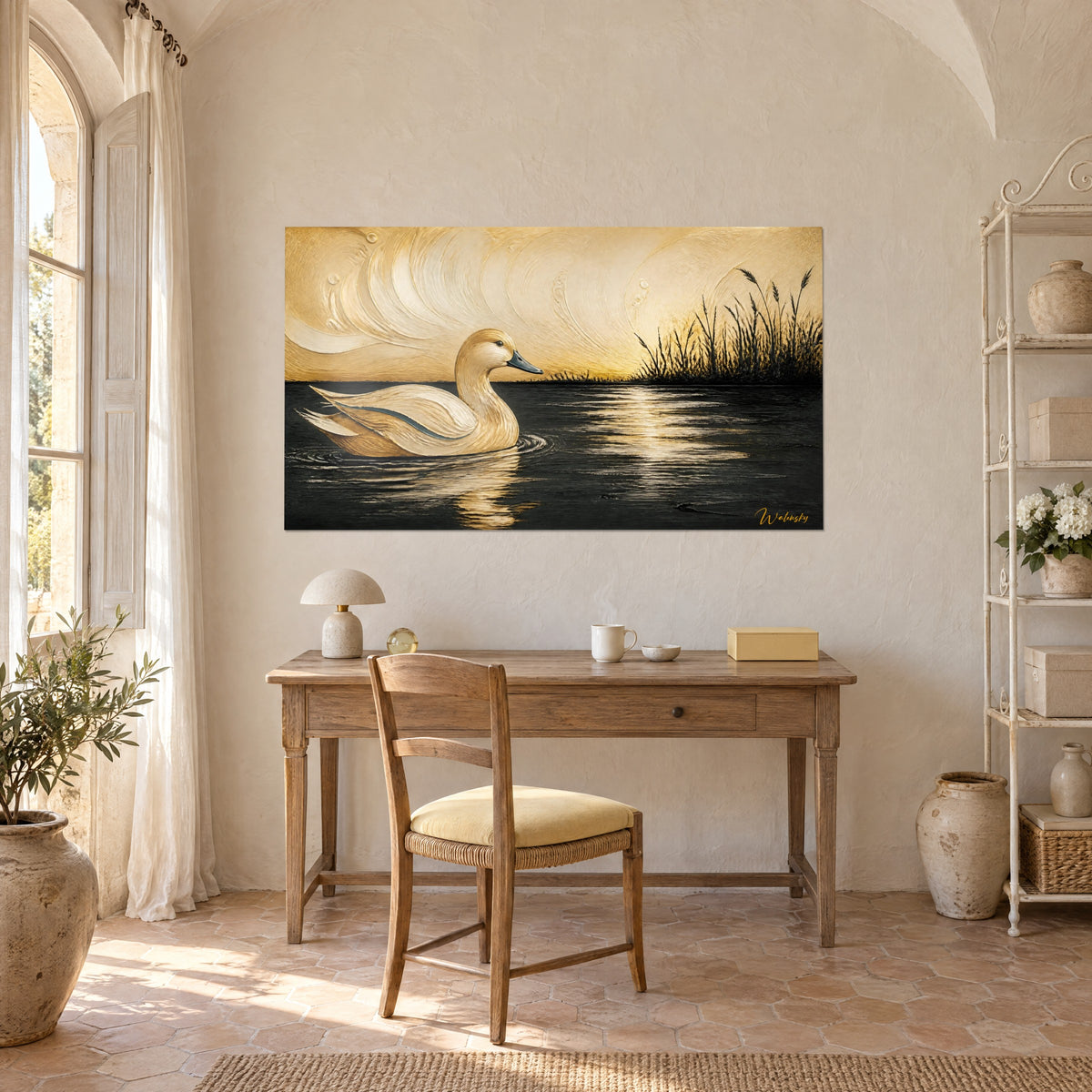 Cuadro pato nadando con pincelada espesa, plumaje marfil y oro, estanque negro reluciente, colgado encima de un escritorio de madera