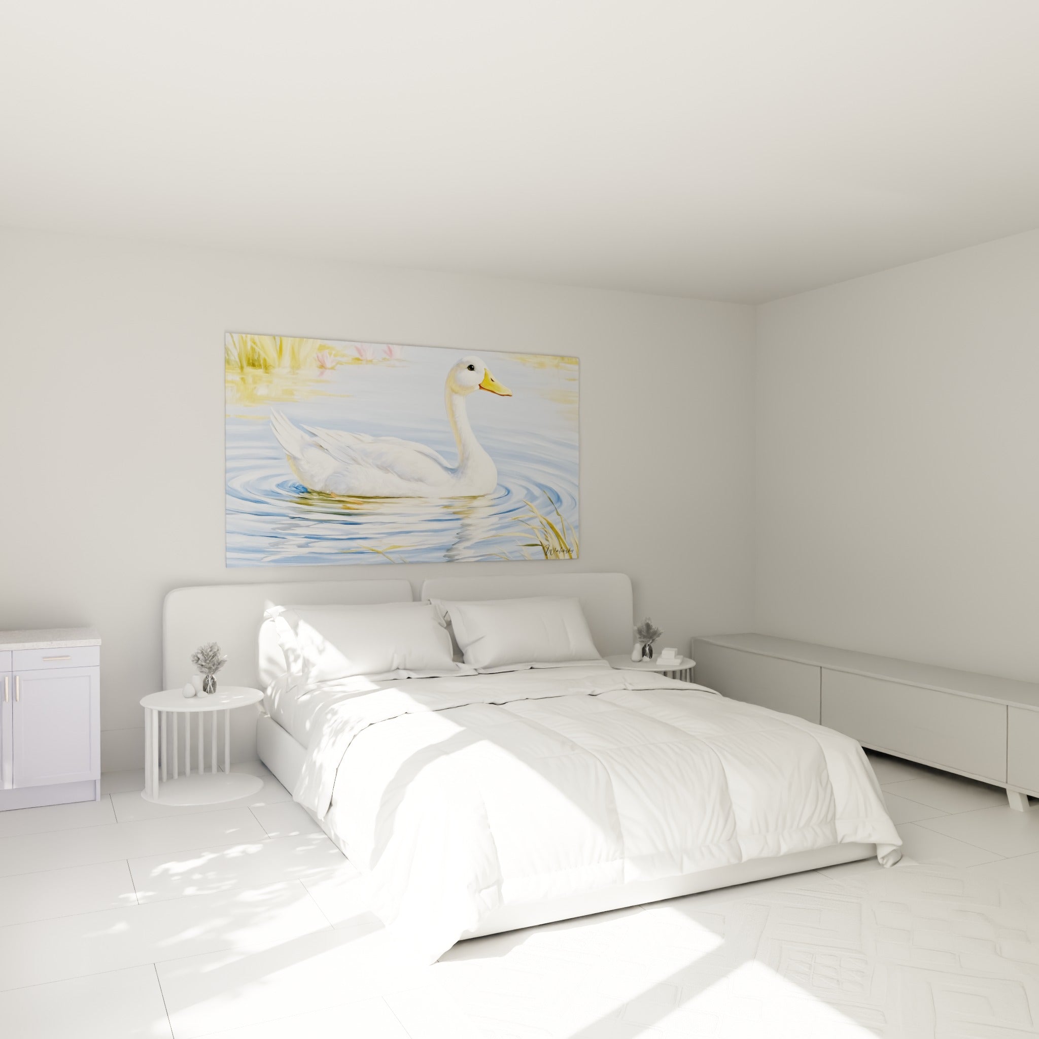 Canard nageant paisiblement dans un bleu pastel doux, accroché au-dessus d'un lit dans une chambre claire