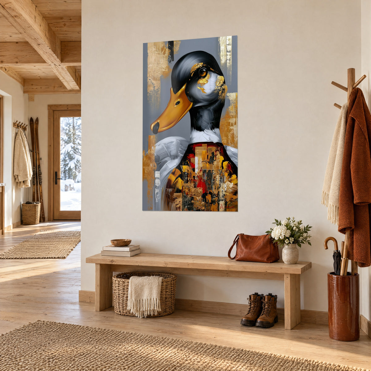 Wall art portrait of a black-headed waterfowl with ochre beak and gold touches, in a wooden chalet, three-quarter view