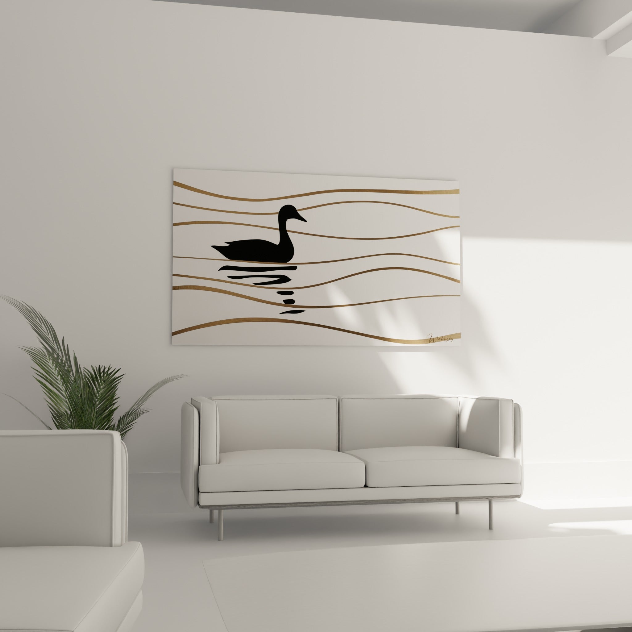 Canard anthracite aux lignes dorées suspendu au-dessus d'un canapé dans un salon lumineux