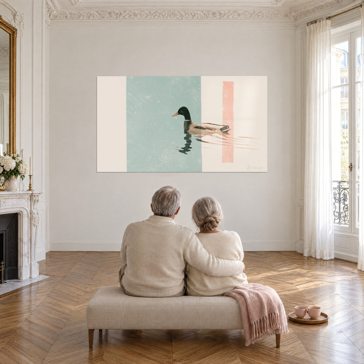 Wall art of a duck and its dark reflection on pastel water, verdigris and coral blocks, in a large living room with herringbone parquet