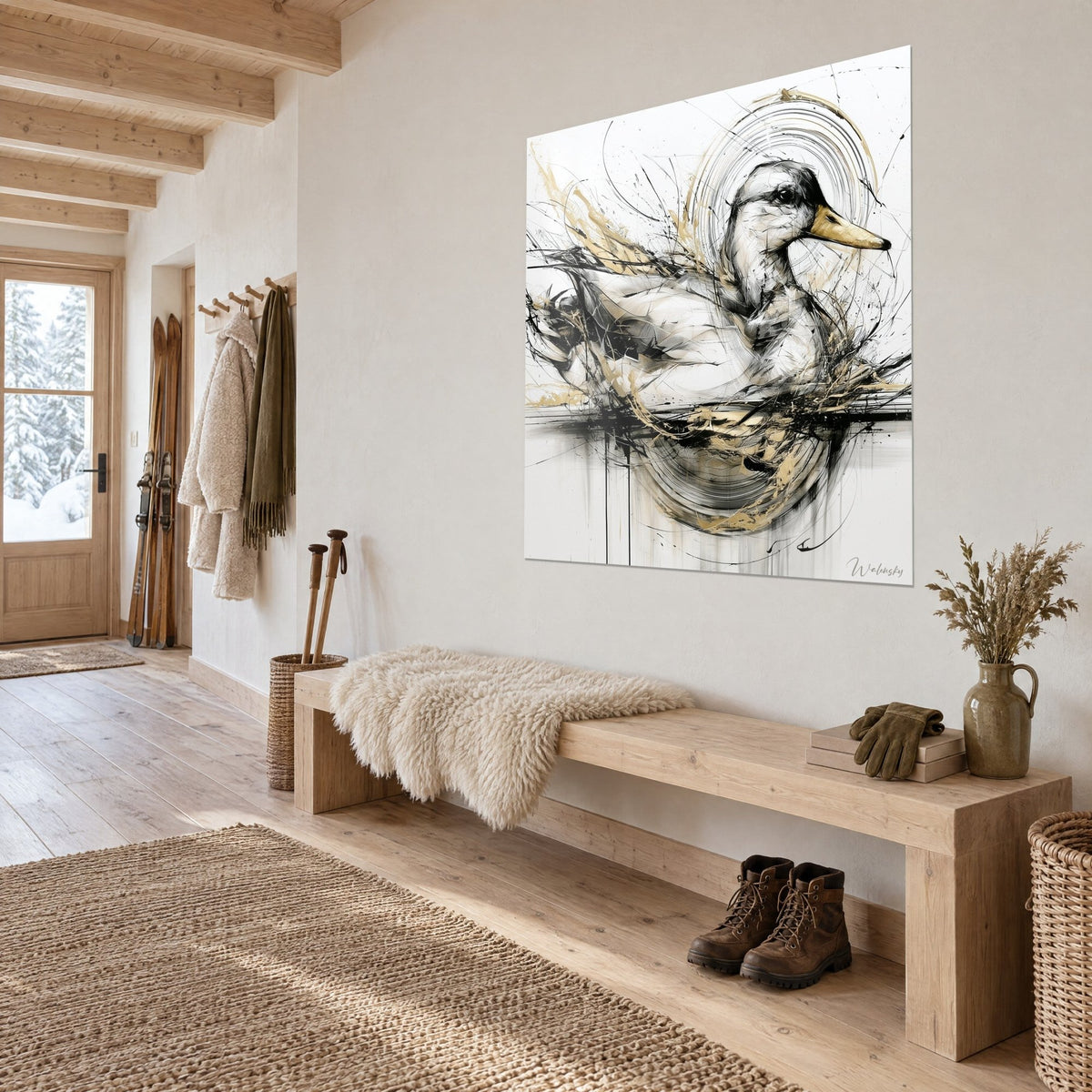 Tableau volatile aquatique croqué en traits d'encre noire et touches dorées sur fond blanc, près d'un banc en bois d'un chalet