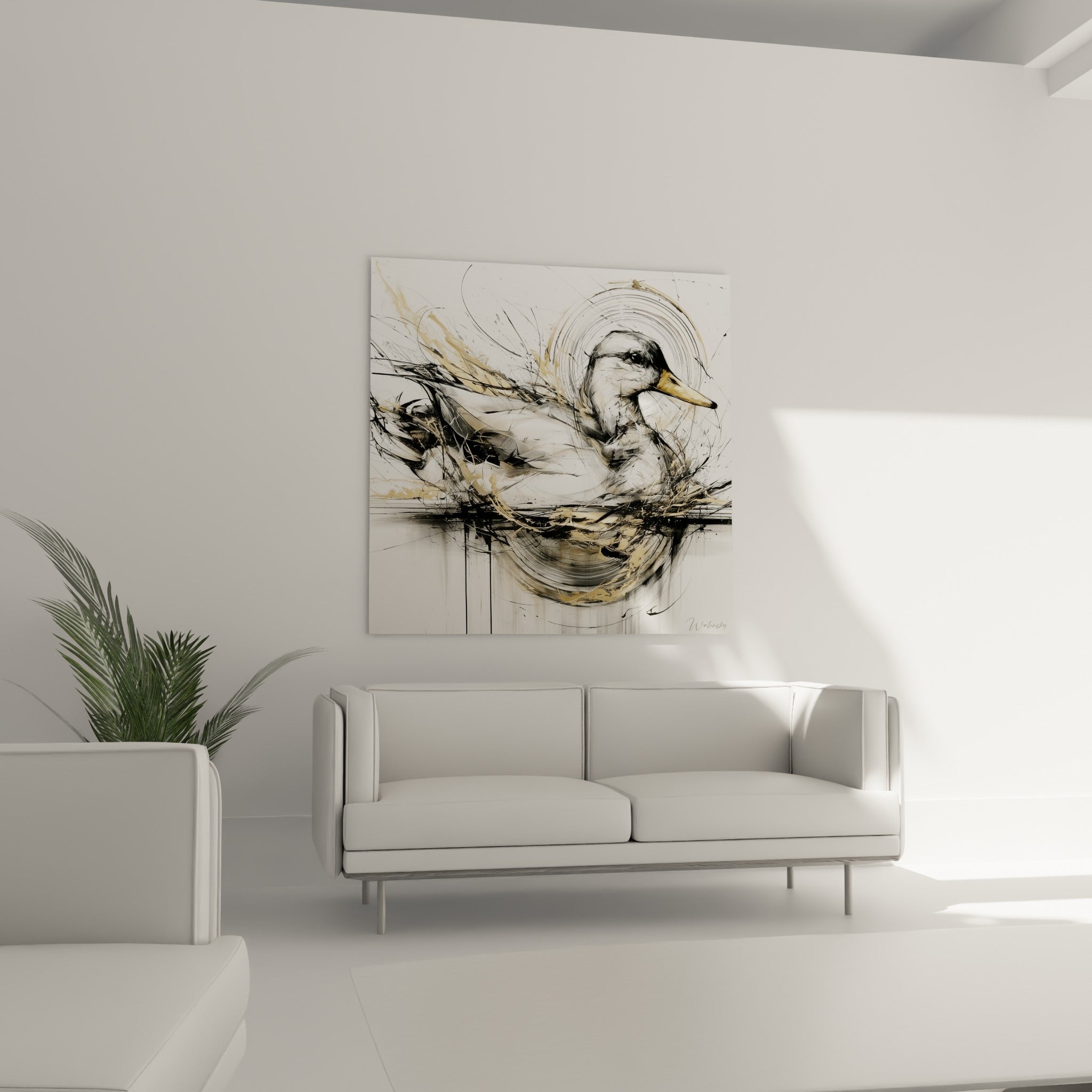 Volatile doré sur fond blanc, traits encrés dynamiques, au-dessus d'un canapé dans un salon lumineux