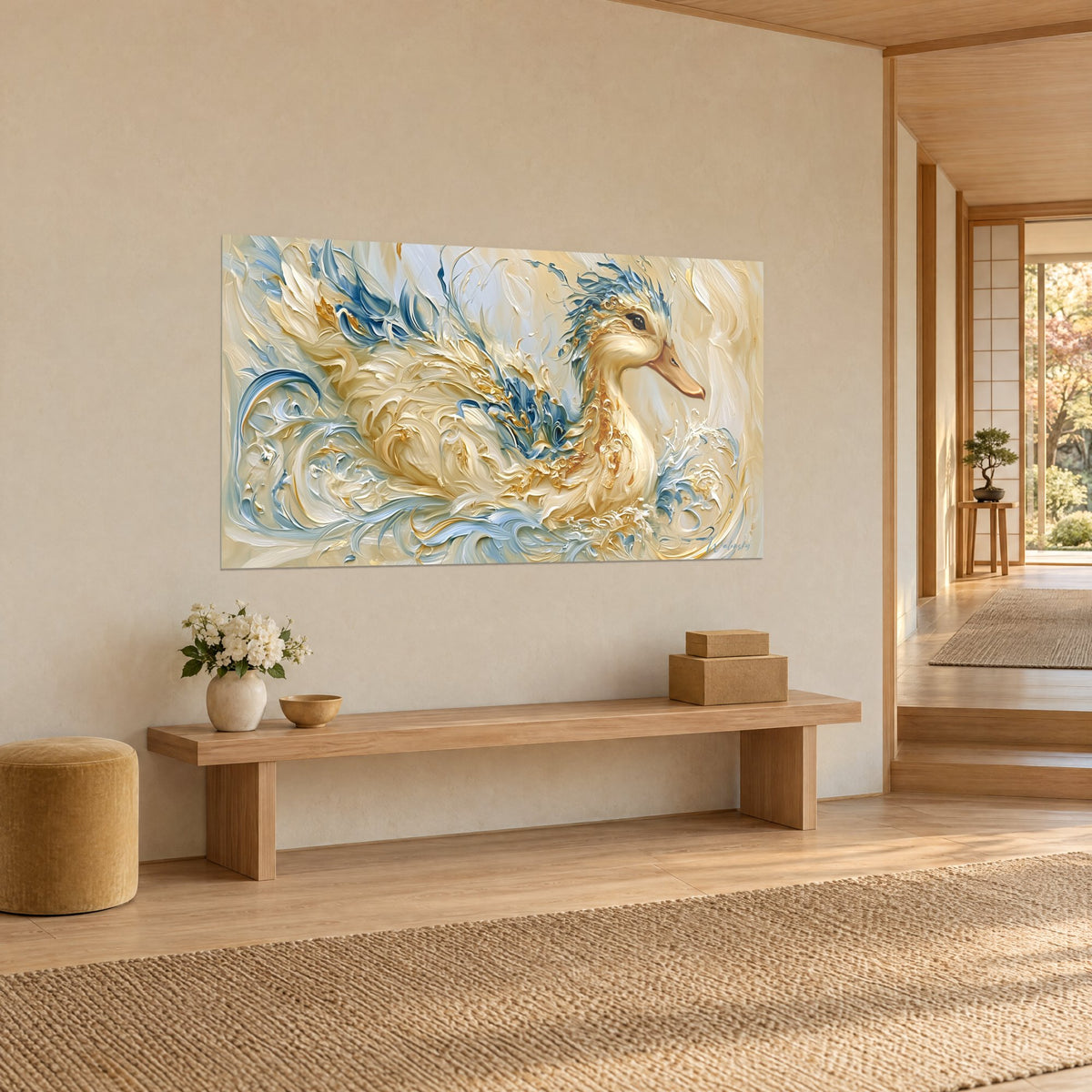 Tableau oiseau aquatique aux volutes d'or et de bleu ciel, bec orangé, vu de trois-quarts sur un mur beige, banc en bois clair
