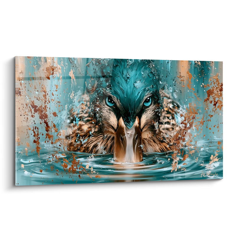Tableau Canard sarcelle et cuivre émergeant de l'eau - Surgissement aquatique - Edition Canard