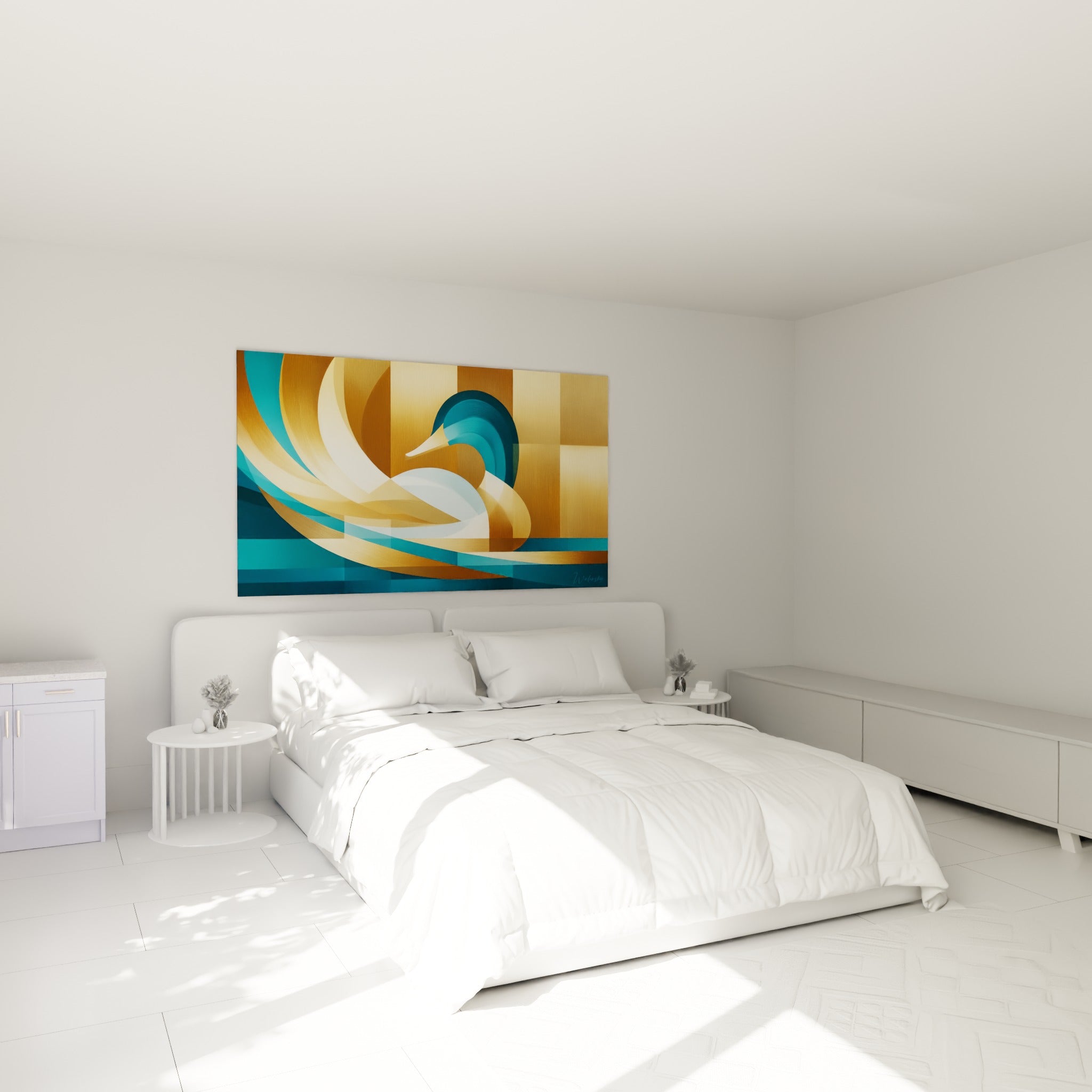 Silhouette de canard doré et turquoise déployée au-dessus d'un lit dans une chambre claire