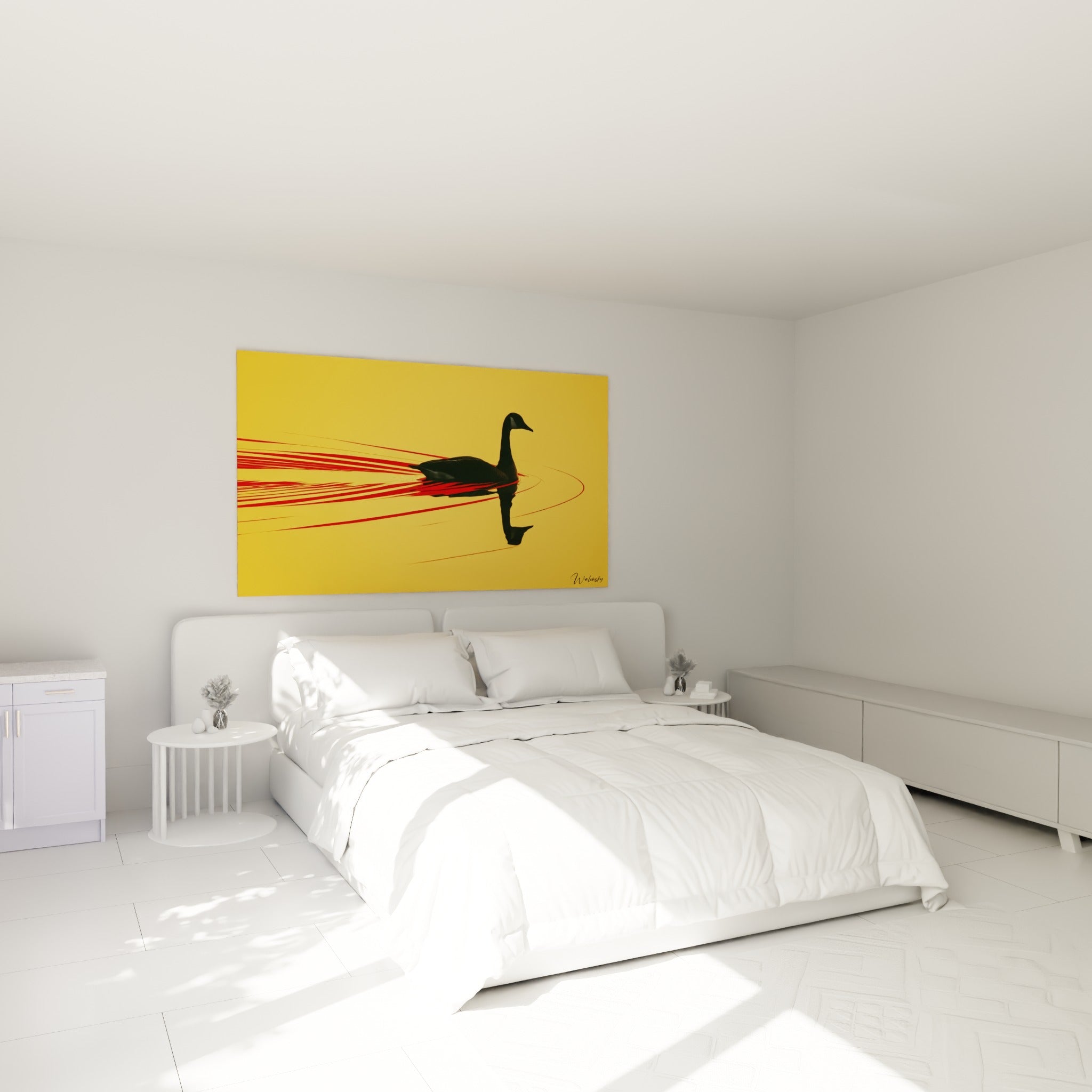 Silhouette de canard noir sur fond doré et rouge, accrochée au-dessus d'un lit dans une chambre claire