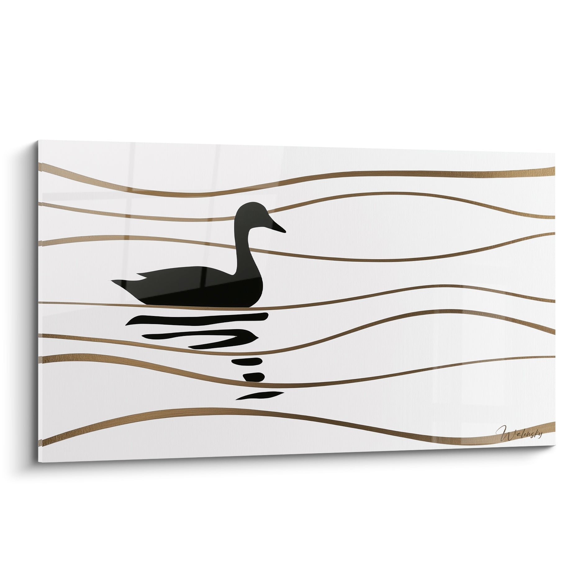 Canard noir silhouette nageant sur fond blanc traversé de lignes dorées ondulées