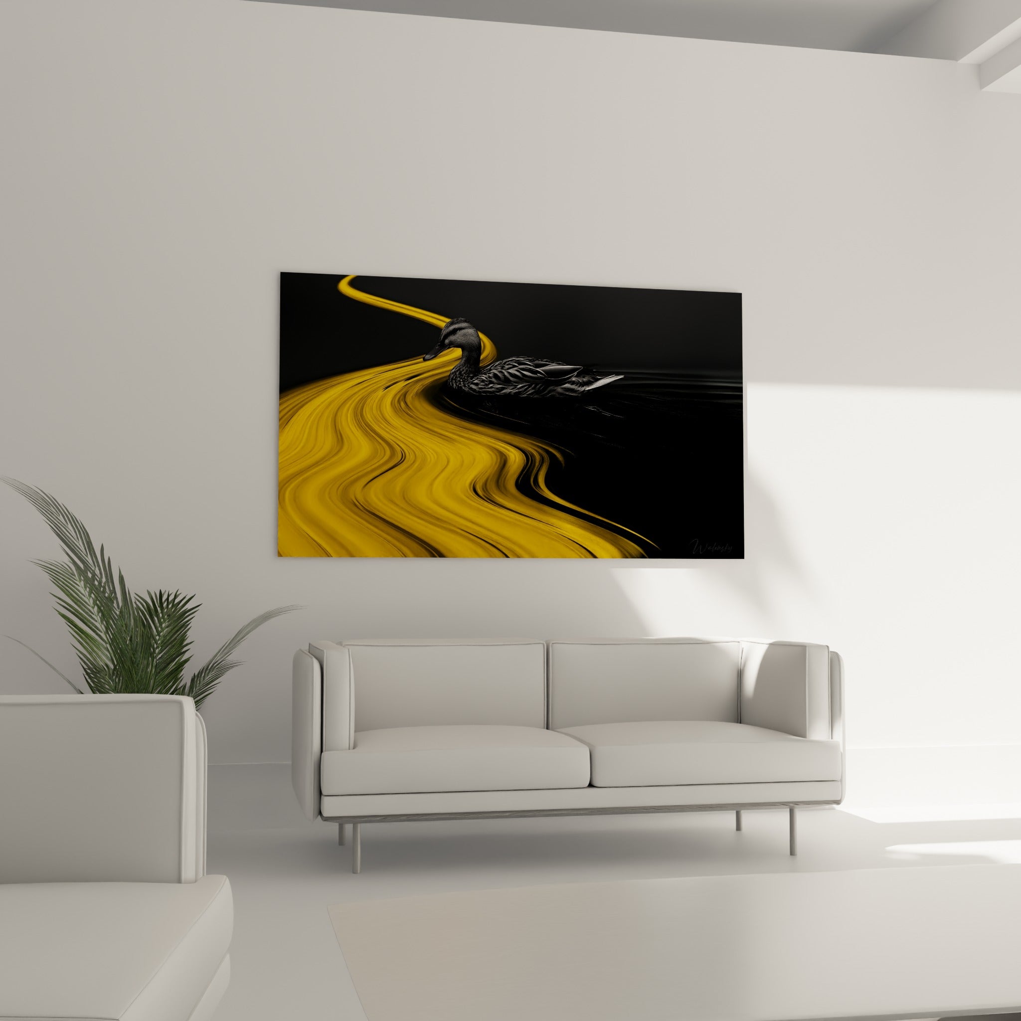Silhouette de canard sombre traversée de flots jaune vif installée au-dessus d'un canapé dans un salon lumineux
