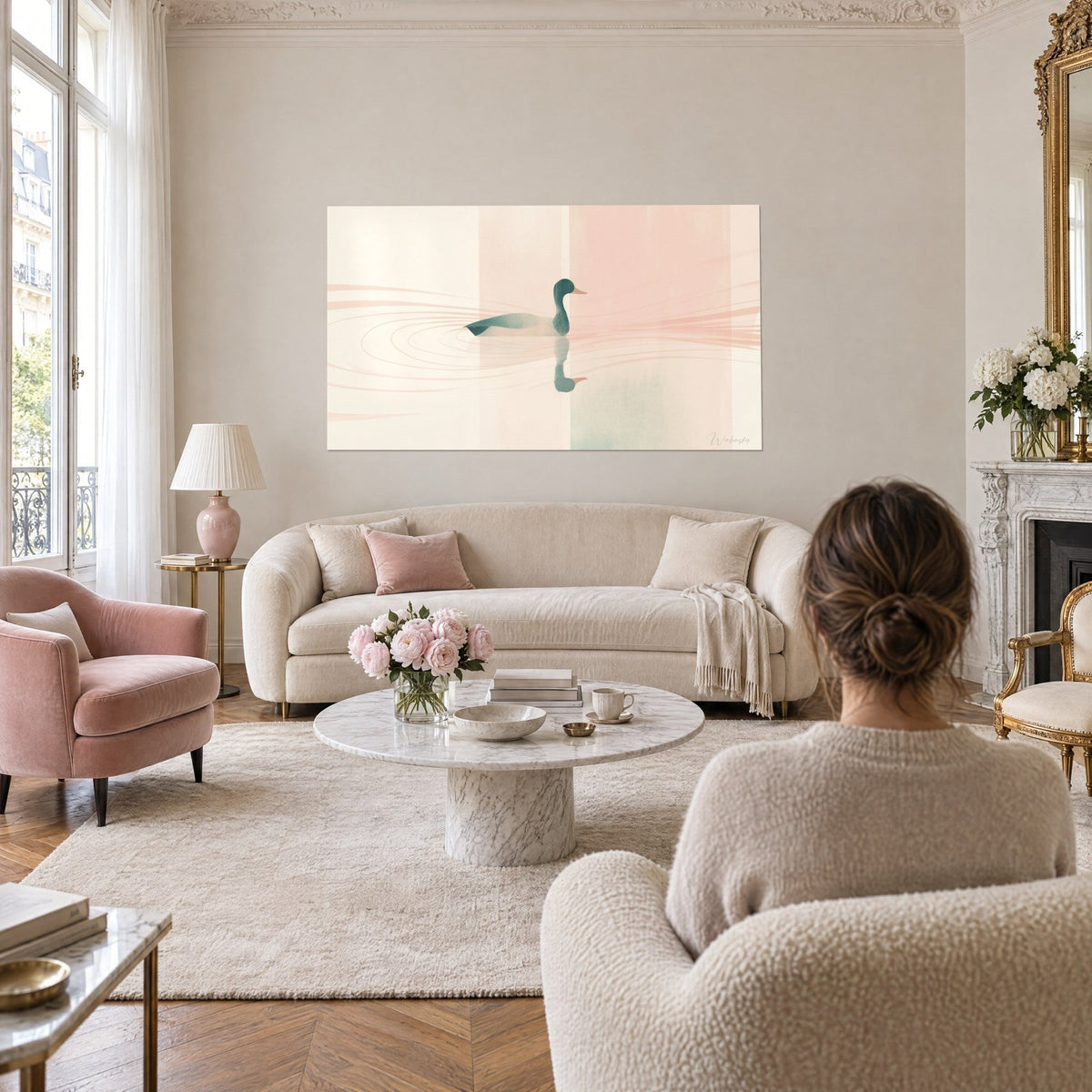 Tableau canard vert sarcelle glissant sur une eau rose nacrée, cercles concentriques, au-dessus d'un canapé dans un salon lumineux