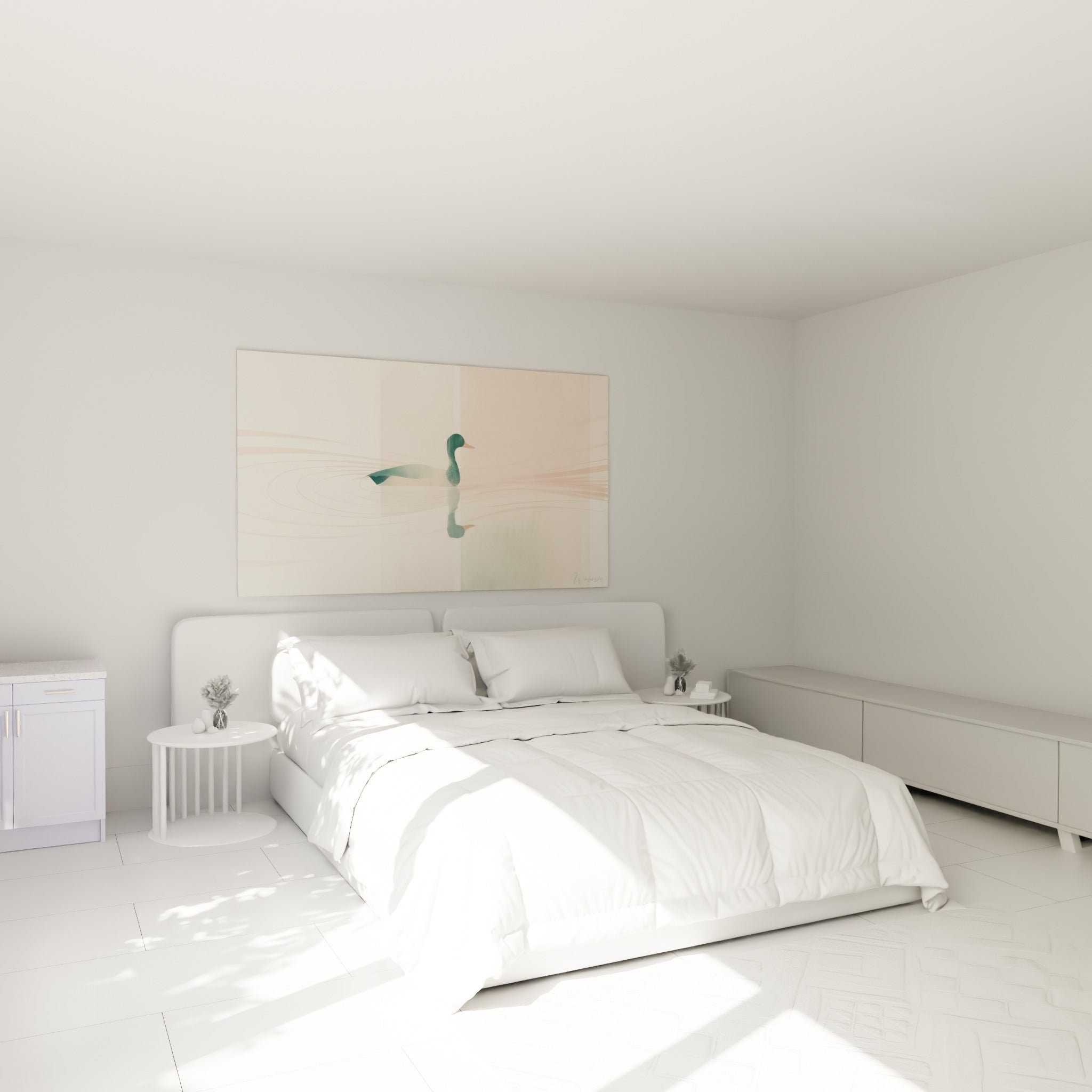 Canard silhouette verte sur fond rose corail et beige, tableau accroché au-dessus d'un lit dans une chambre claire