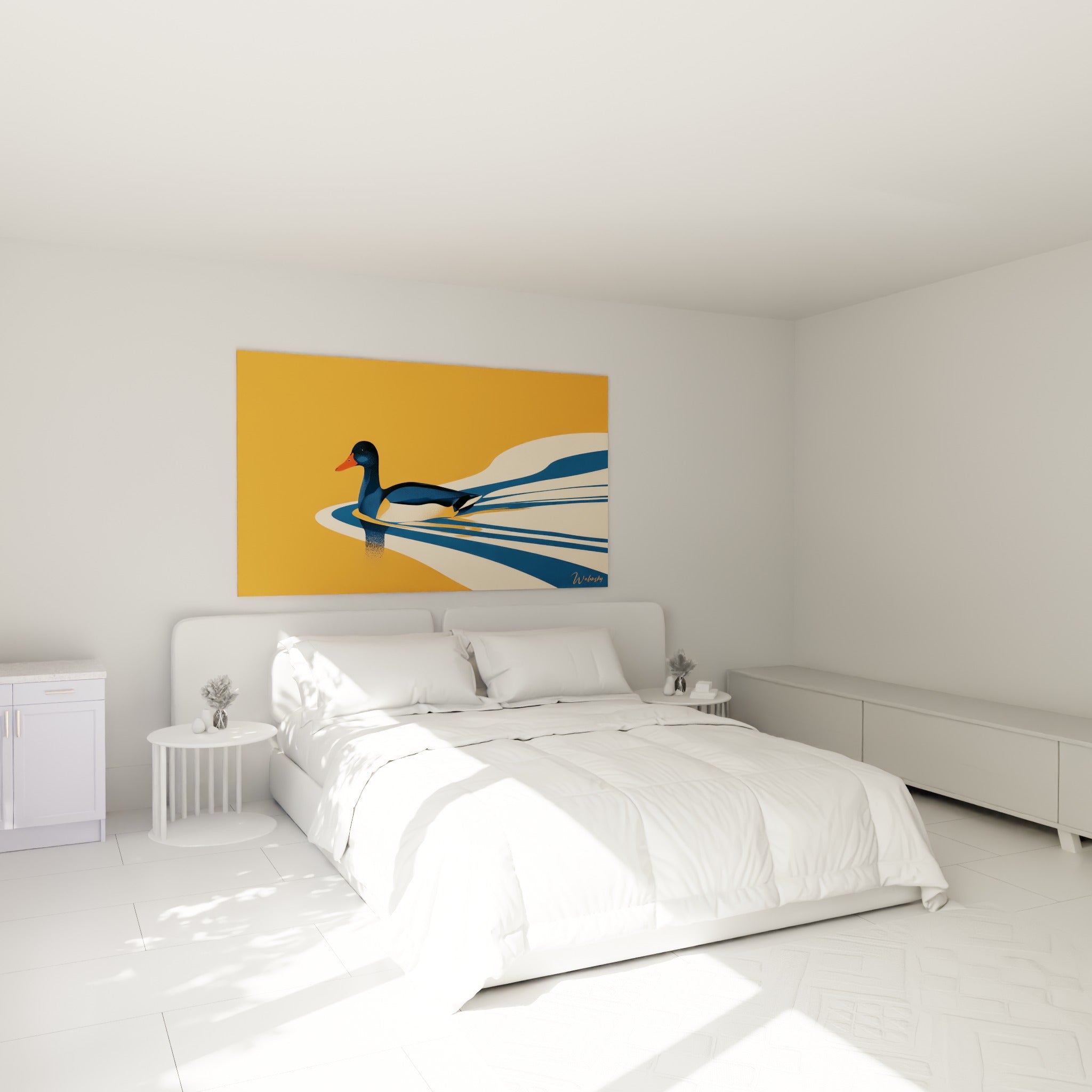 Silhouette de canard bleu marine et sillage crème au-dessus d'un lit dans une chambre claire