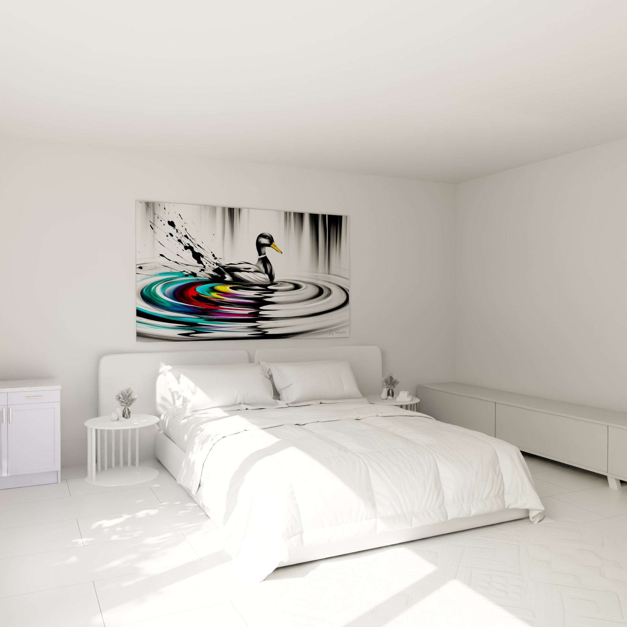 Volatile en noir et blanc entouré d'ondes multicolores, accroché au-dessus d'un lit dans une chambre claire