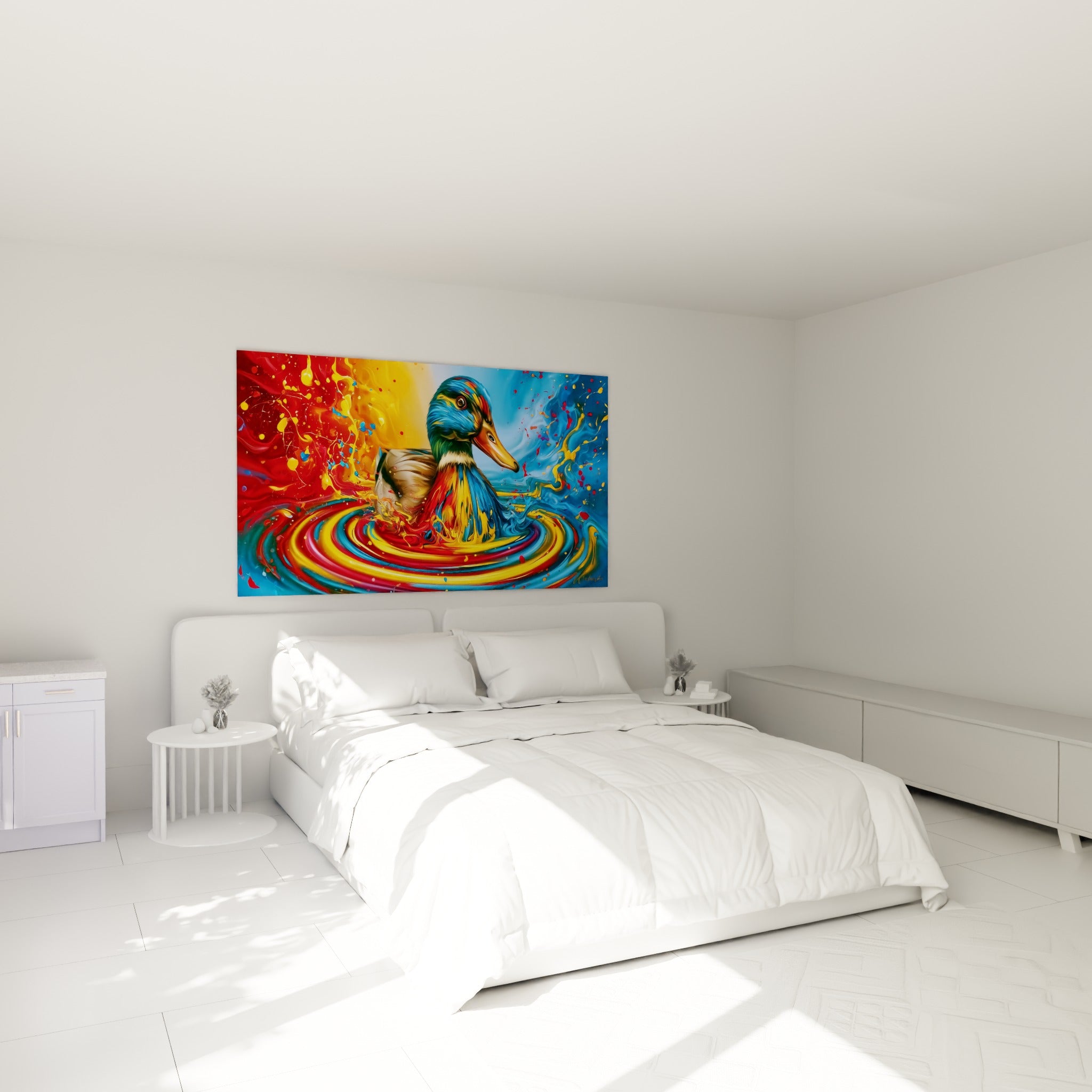 Canard coloré aux tons rouge et bleu électrique, accroché au-dessus d'un lit dans une chambre claire