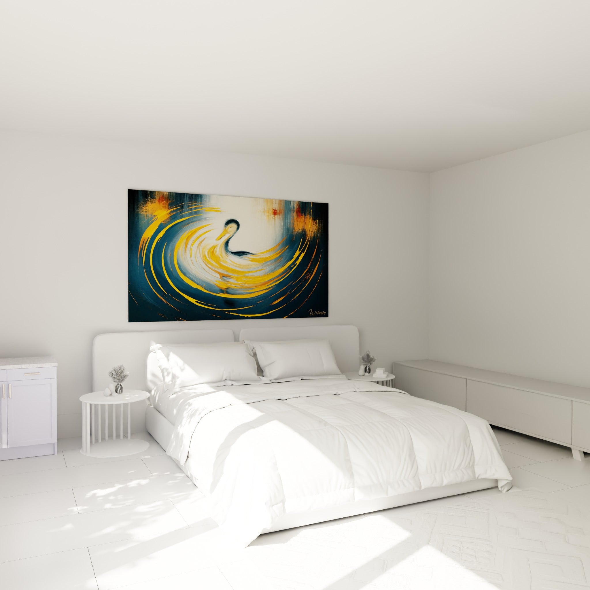 Silhouette de canard dorée sur fond bleu nuit tourbillonnant au-dessus d'un lit dans une chambre claire