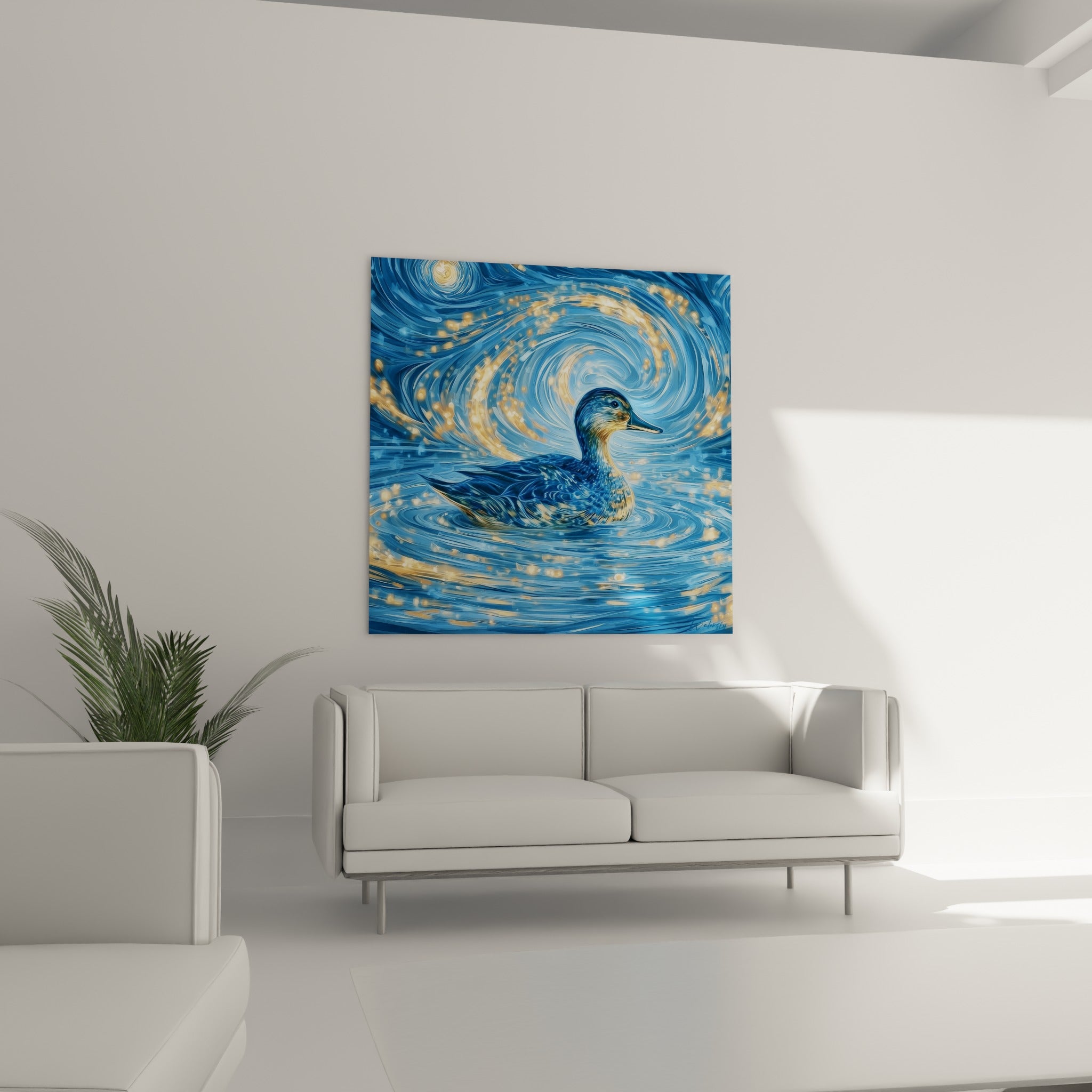 Canard entouré de spirales bleu marine et or, accroché au-dessus d'un canapé dans un salon lumineux