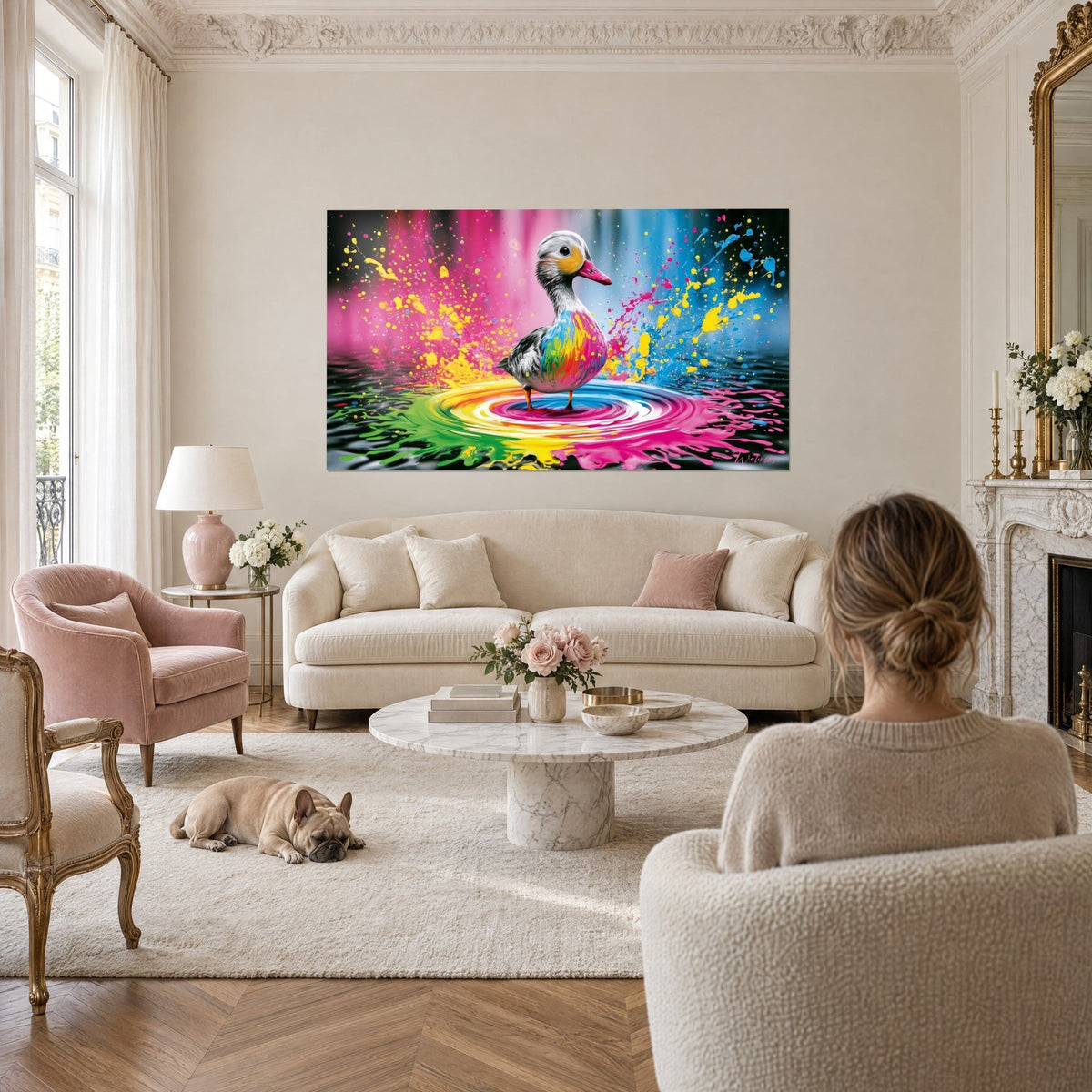 Tableau caneton au plumage gris et blanc, poitrail arc-en-ciel, éclaboussures roses et jaunes, au-dessus d'un canapé dans un salon lumineux