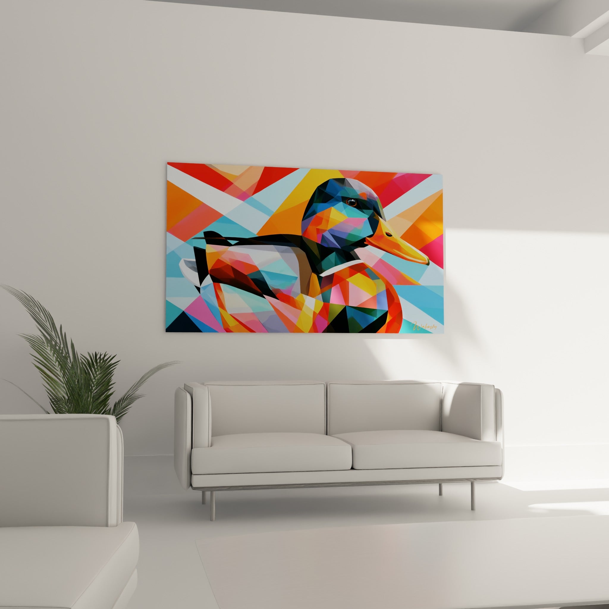 Volatile coloré en rose fuchsia et turquoise géométrique, au-dessus d'un canapé dans un salon lumineux