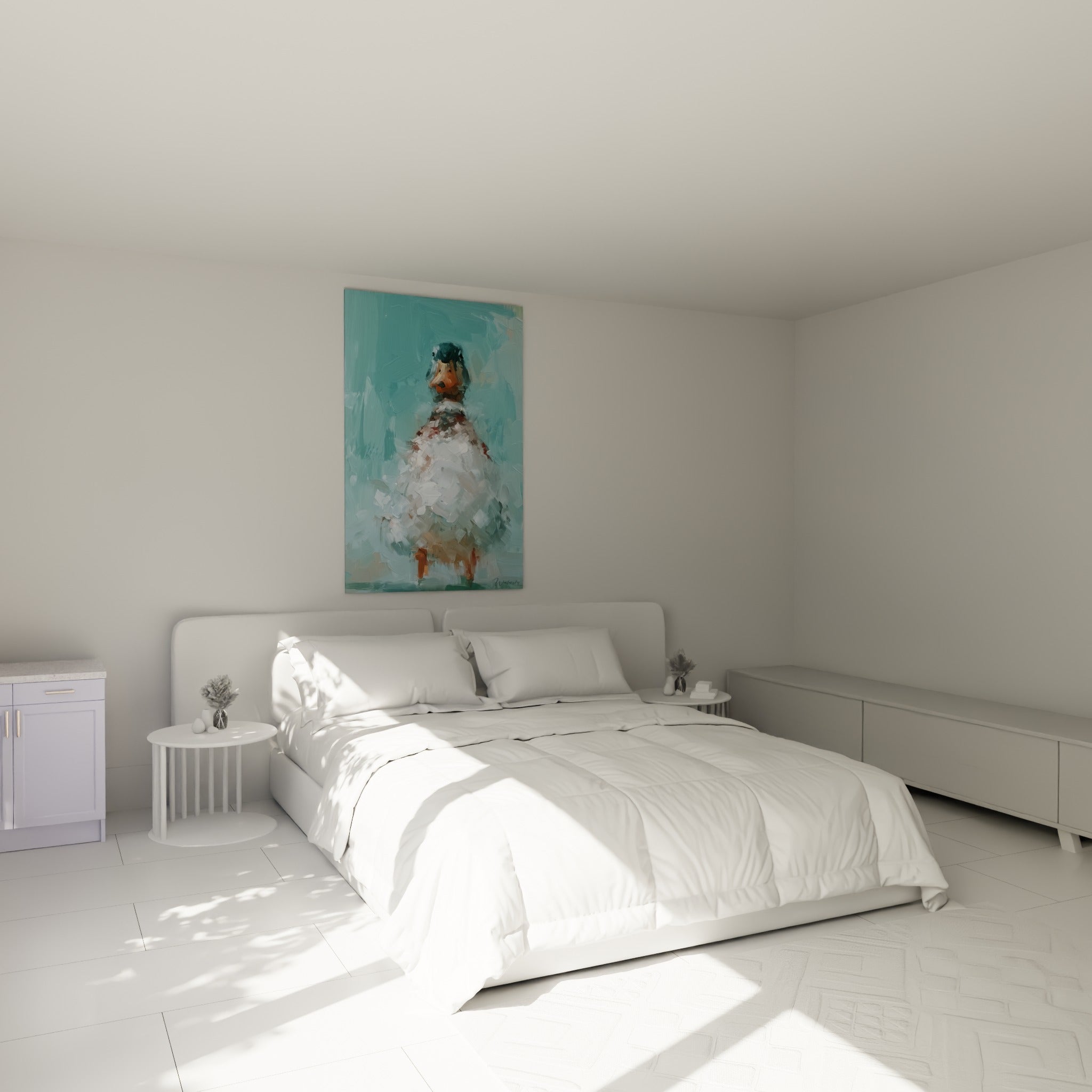 Canard blanc et terracotta peint en touches larges, au-dessus d'un lit dans une chambre claire