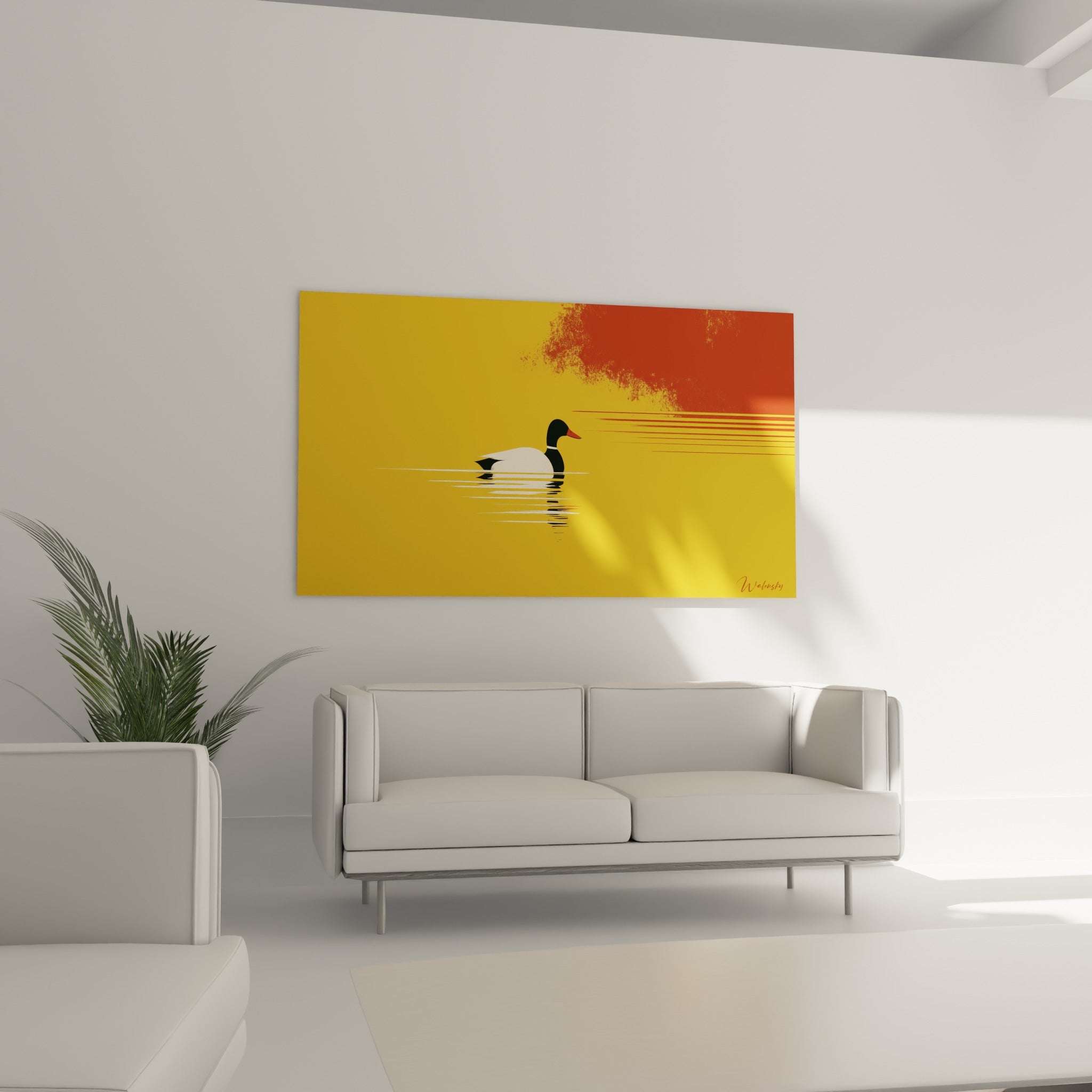 Silhouette de canard sur eau dorée striée de rouge, au-dessus d'un canapé dans un salon lumineux