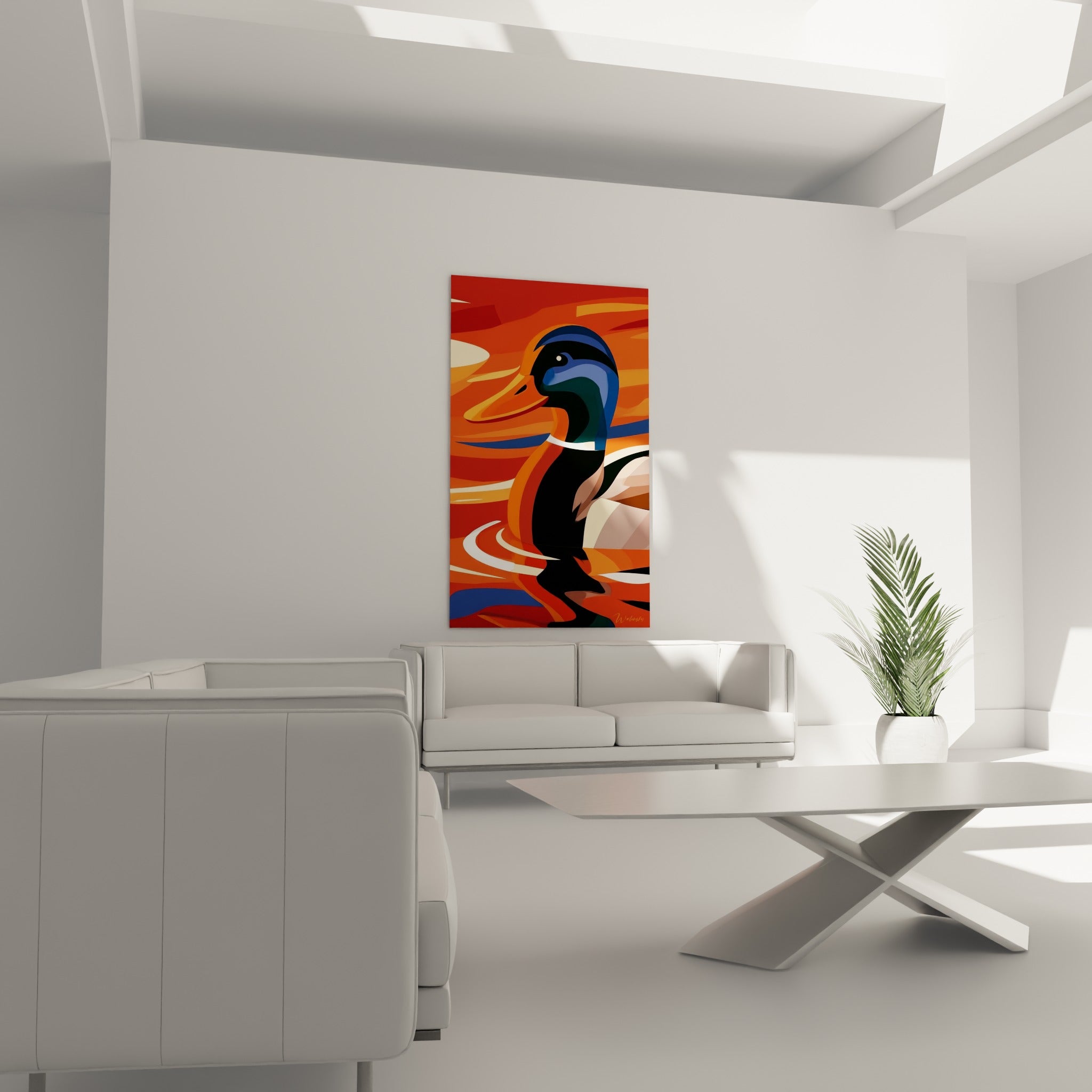 Silhouette de canard aux teintes terracotta et bleu nuit disposée au-dessus d'un canapé dans un salon lumineux