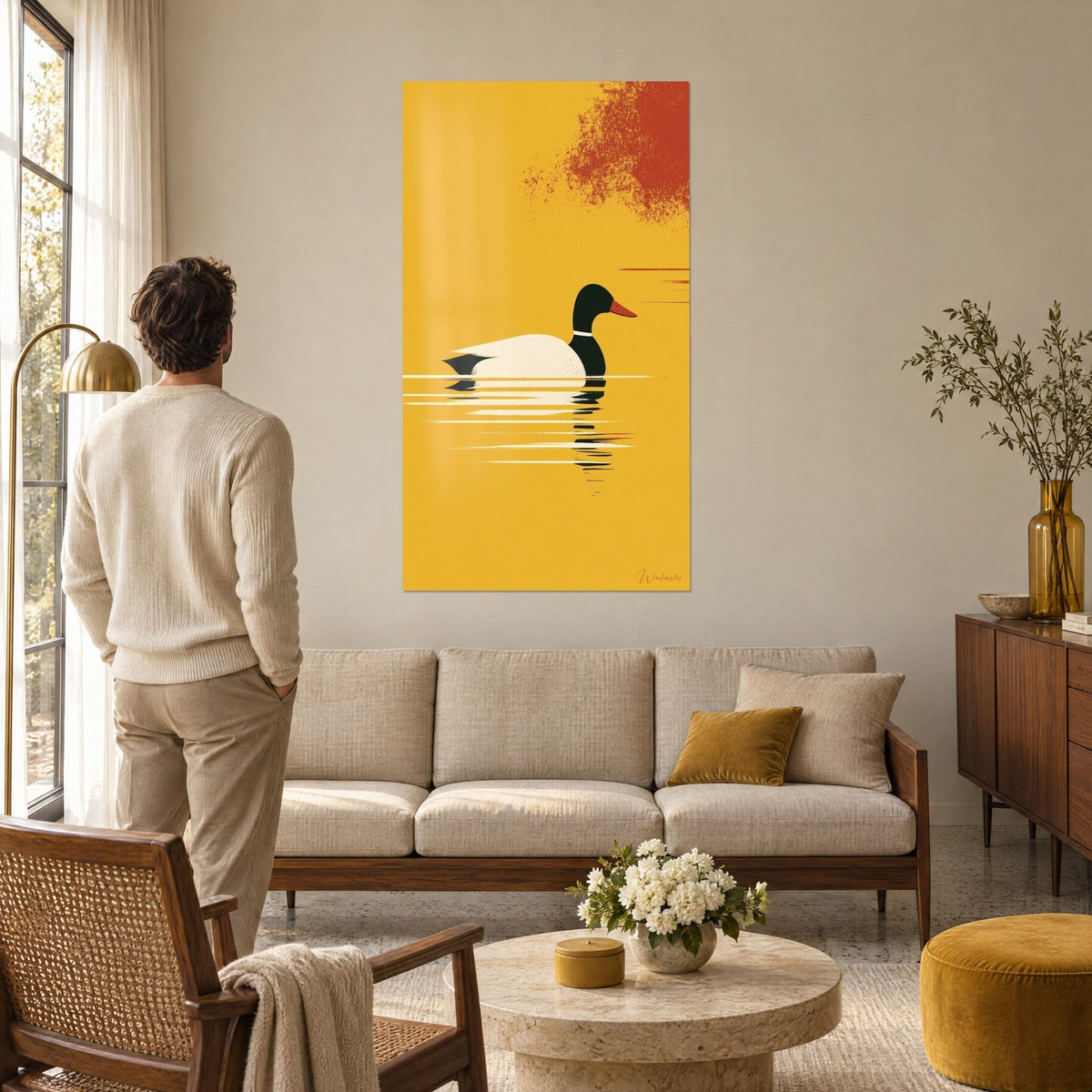 Tableau canard colvert flottant, plumage blanc crème et tête vert sombre sur fond jaune, au-dessus d'un canapé dans un salon lumineux