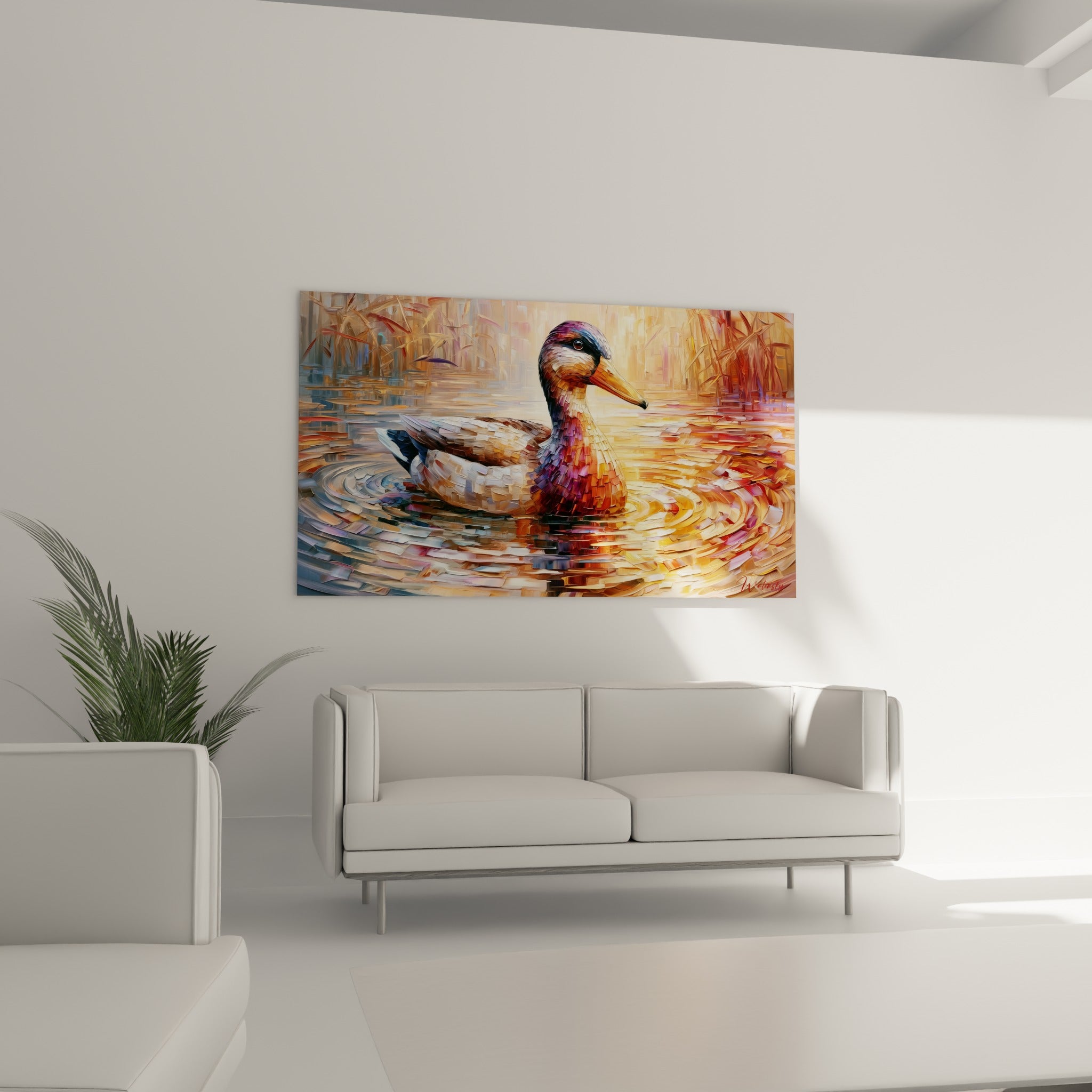 Canard doré aux ondulations pastel, au-dessus d'un canapé dans un salon lumineux
