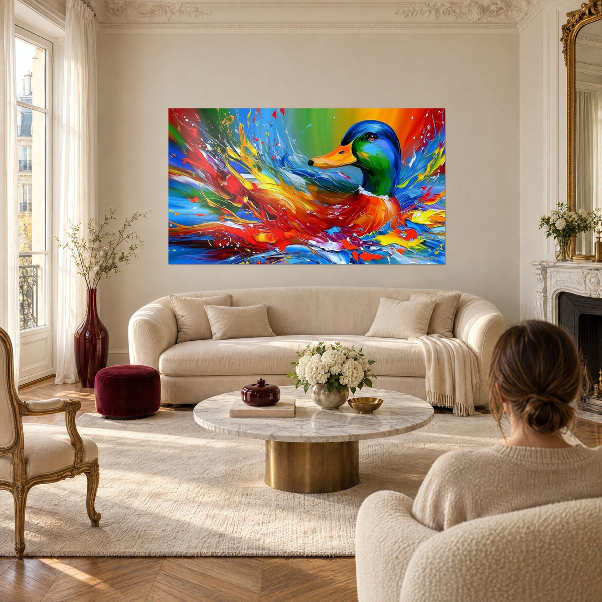 Tableau canard colvert à tête verte dans un jaillissement rouge et bleu, une femme de dos, au-dessus d'un canapé dans un salon lumineux