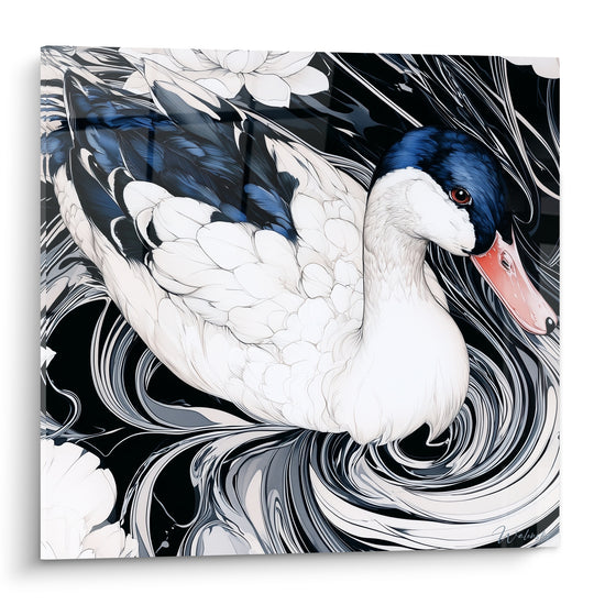 Canard tête bleu marine et bec corail nageant dans des tourbillons anthracite et blanc