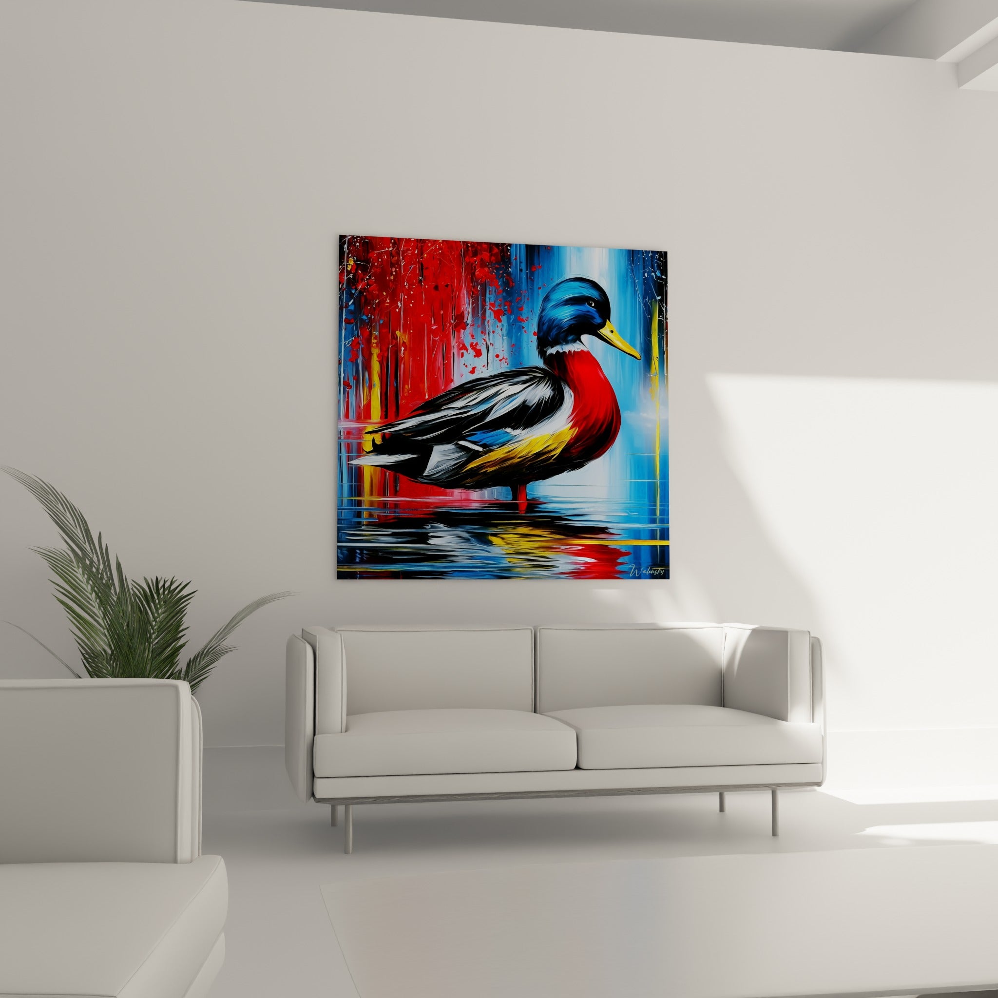 Oiseau aquatique bleu marine et rouge écarlate accroché au-dessus d'un canapé dans un salon lumineux