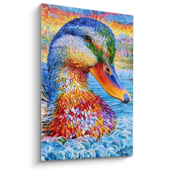 Leinwand Blaue und Rote Ente mit Spitzschnabel - Dorf im Hintergrund - Enten-Edition